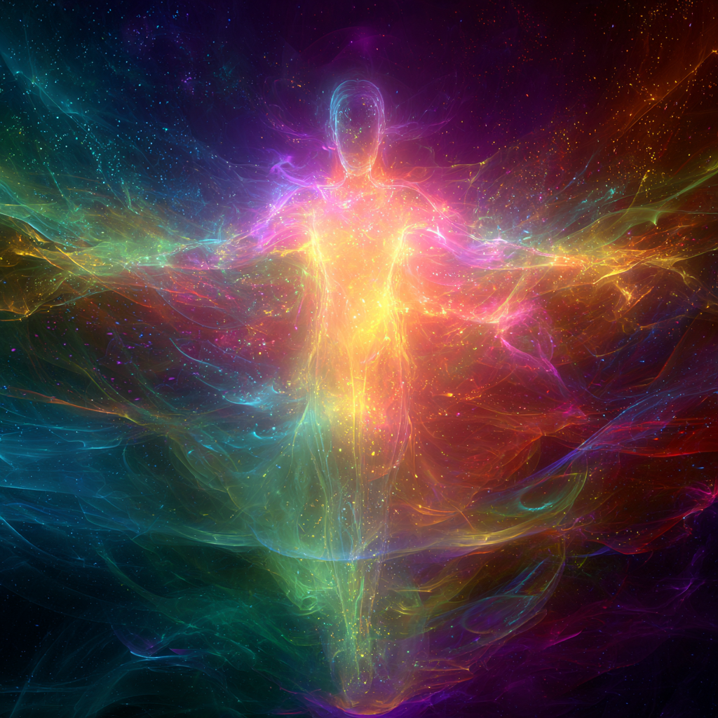 Ethereal illustration of the human energy field with rainbow light layers showing the aura and chakra system, symbolising emotional alignmen