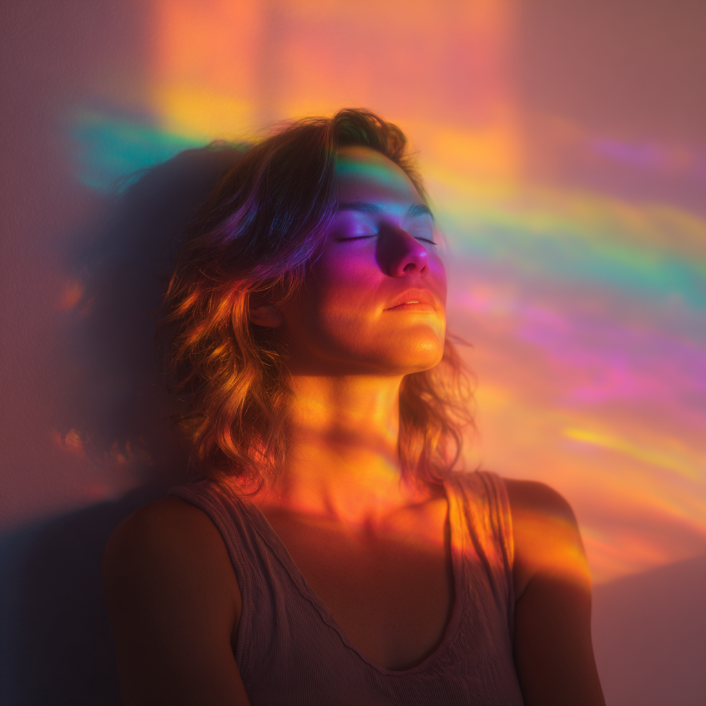 Woman surrounded by glowing multicoloured aura energy in studio, showcasing spiritual portrait for Inner Light Aura Photography homepage ban
