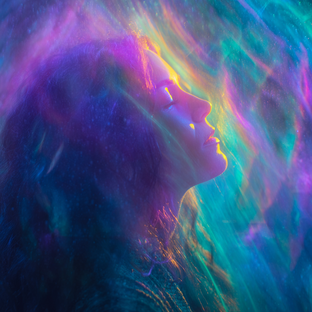Radiant woman having her aura photo taken, glowing with colourful light and energy field, representing chakra balance and spiritual wellness