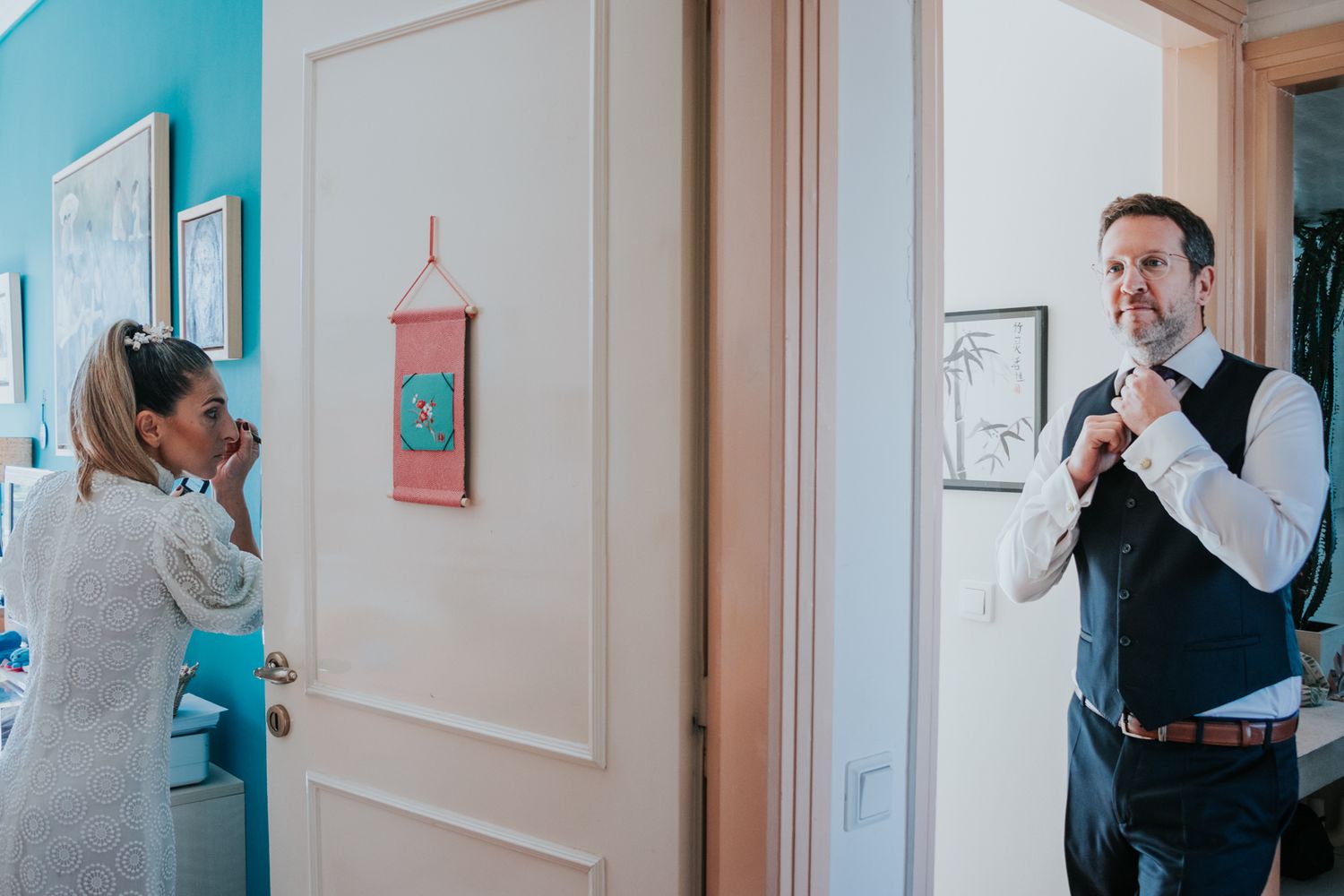 Series of candid moments in a bright interior hallway with blue walls.