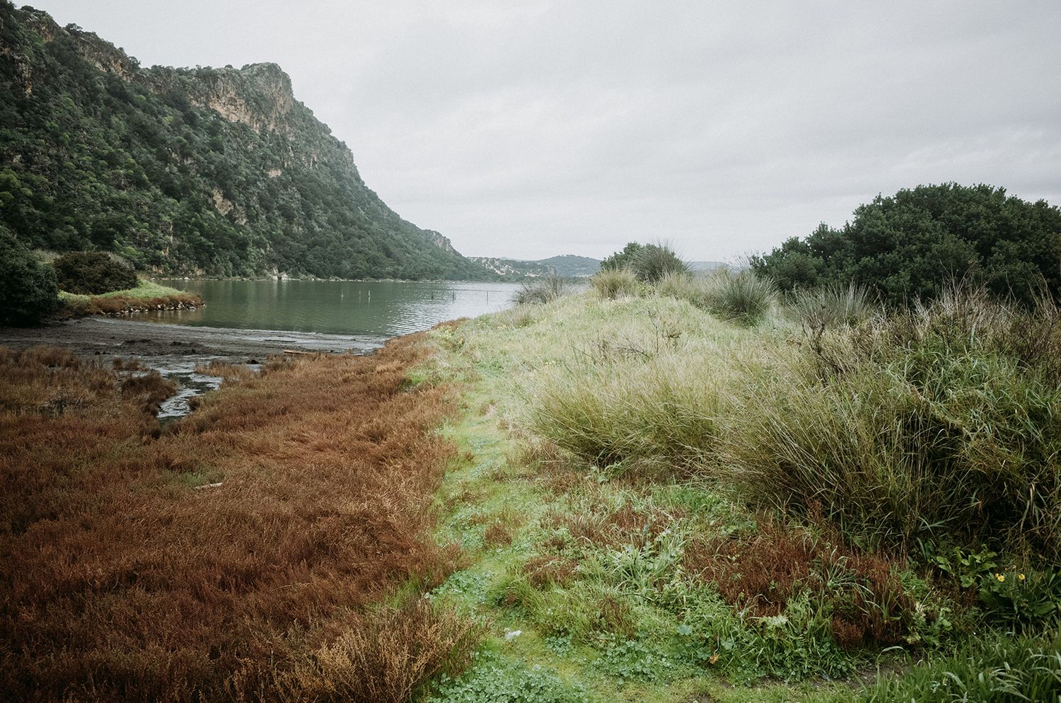 Panoramic view of rugged coastal cliffs and mountains along a misty shoreline in moody weather conditions.