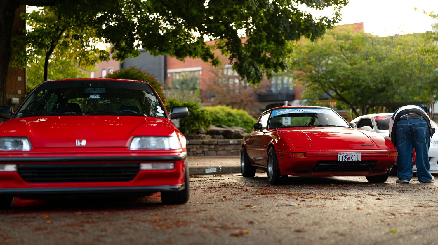 Car enthusiast meet featuring customized vehicles parked in a row during golden hour.