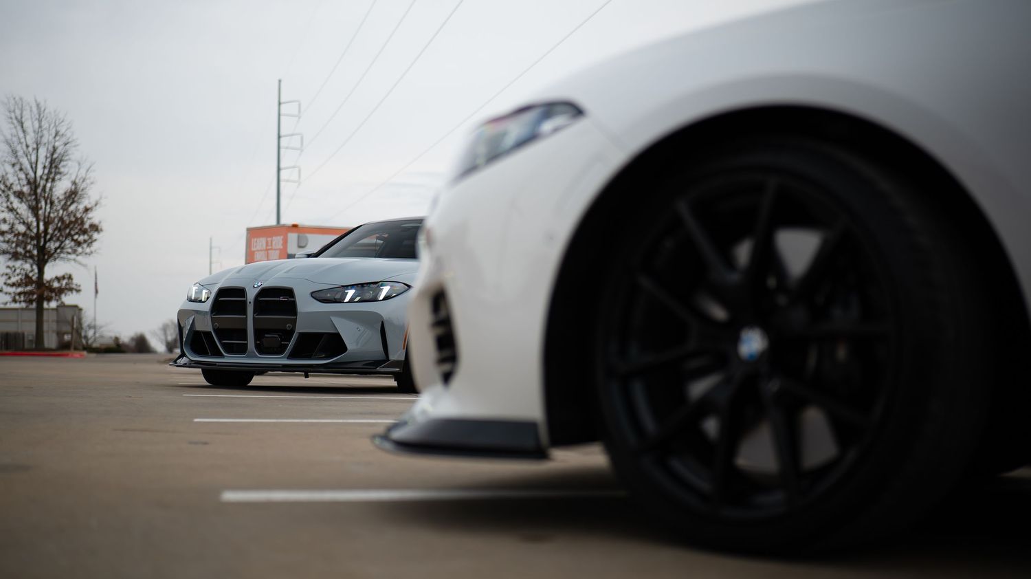Low angle shot of two white BMW vehicles parked side by side.