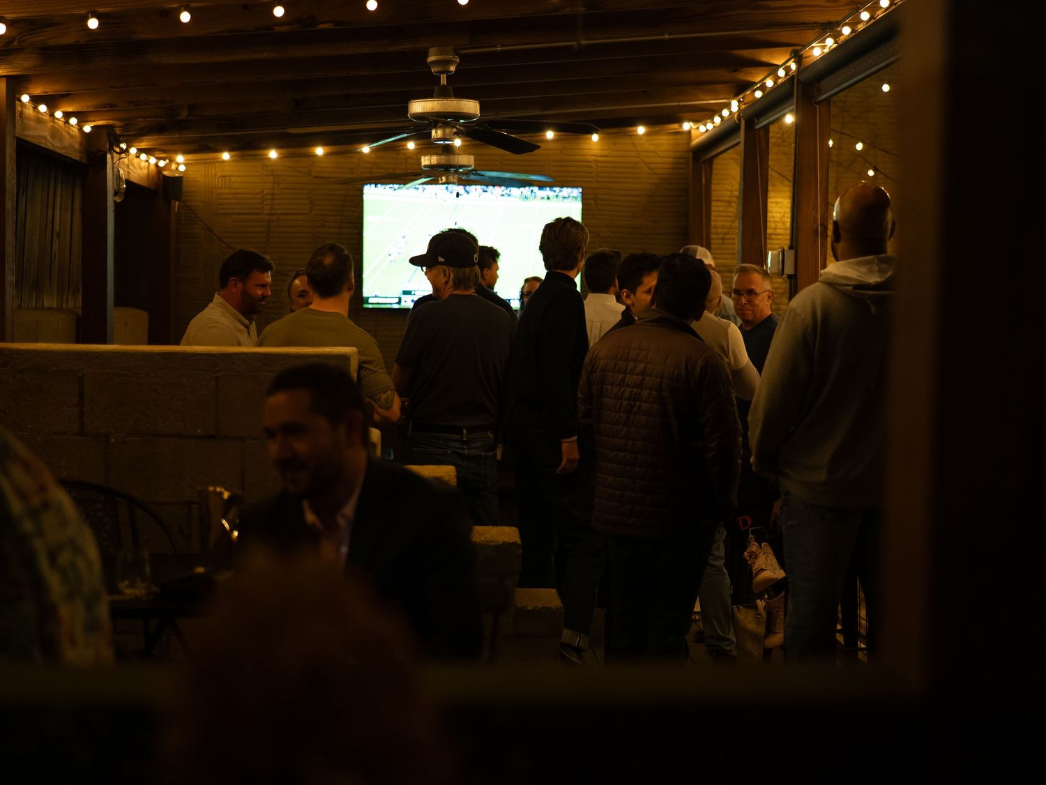 String lights illuminate a dimly lit indoor venue as silhouettes of people dance and socialize at a party.