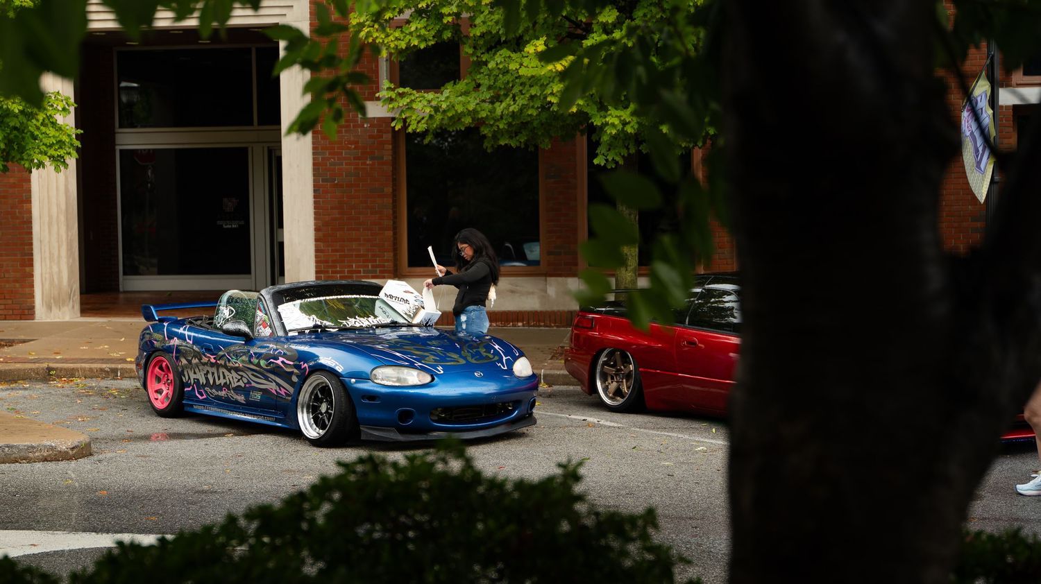 Tree-lined street view with brick buildings and cars parked along the curb.
