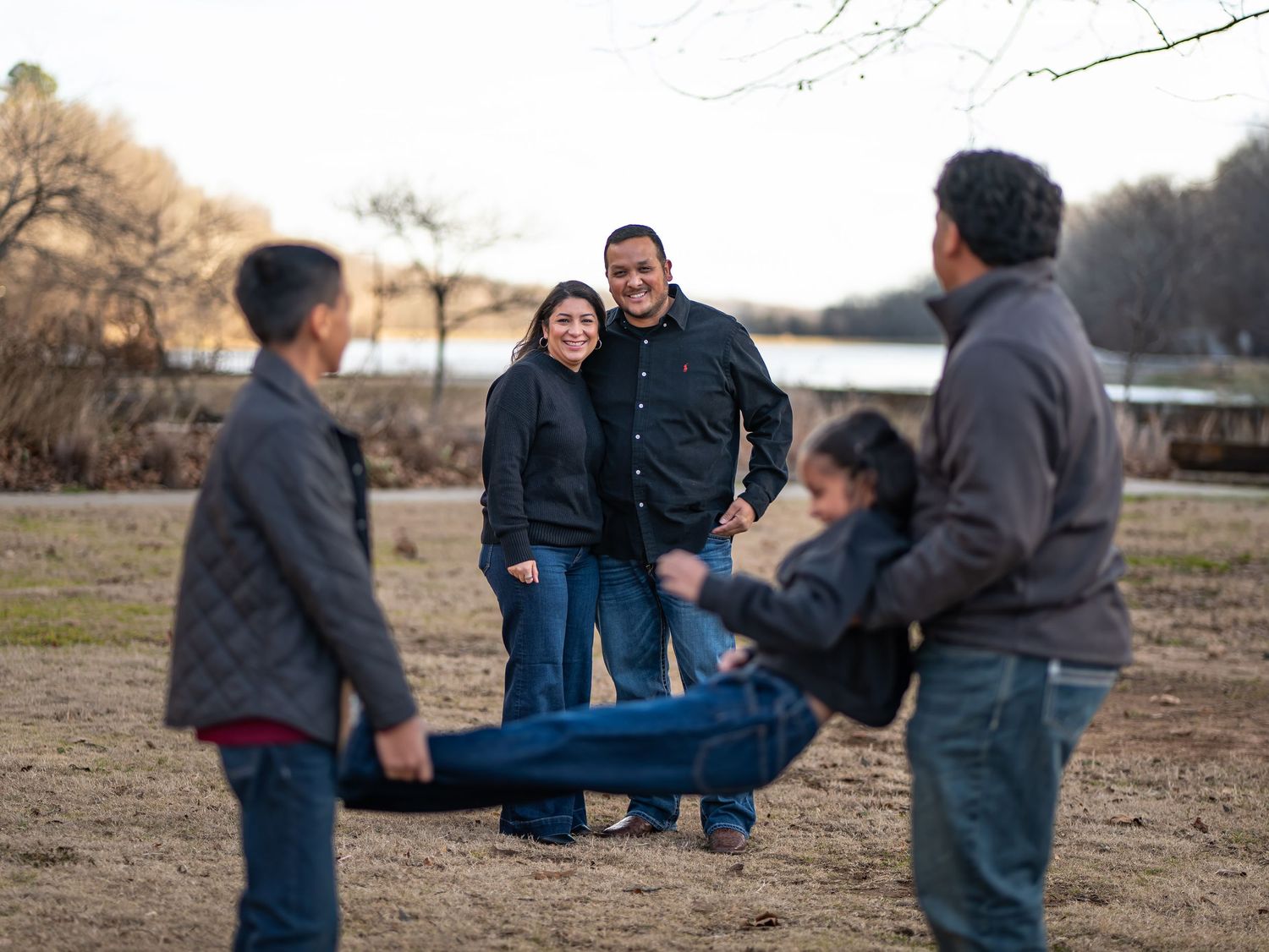 A group of people playing together outdoors on a winter day, captured in a series of connected action shots.