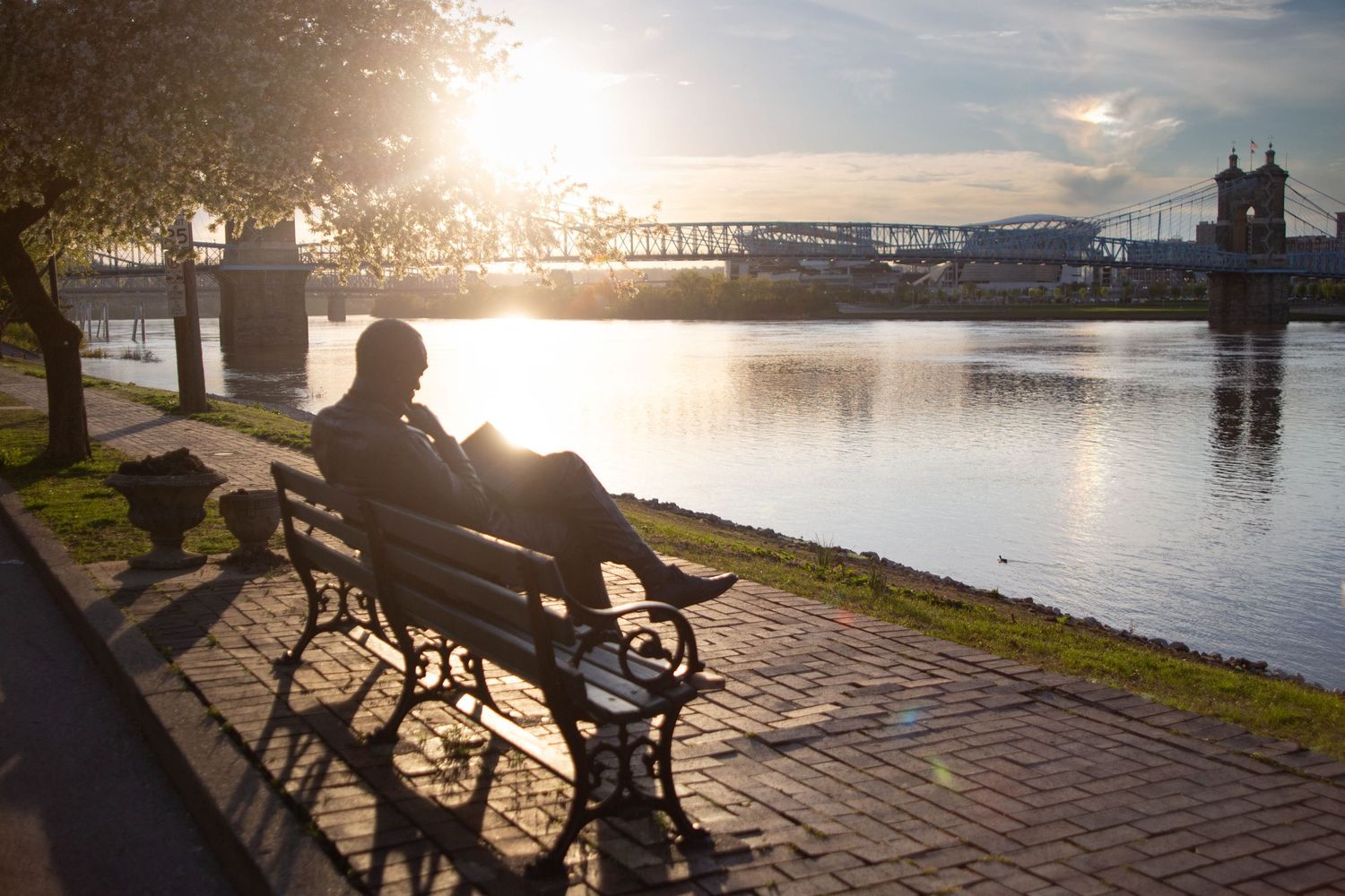 Scenic waterfront boardwalk at sunset with silhouettes of benches and railings along the river.