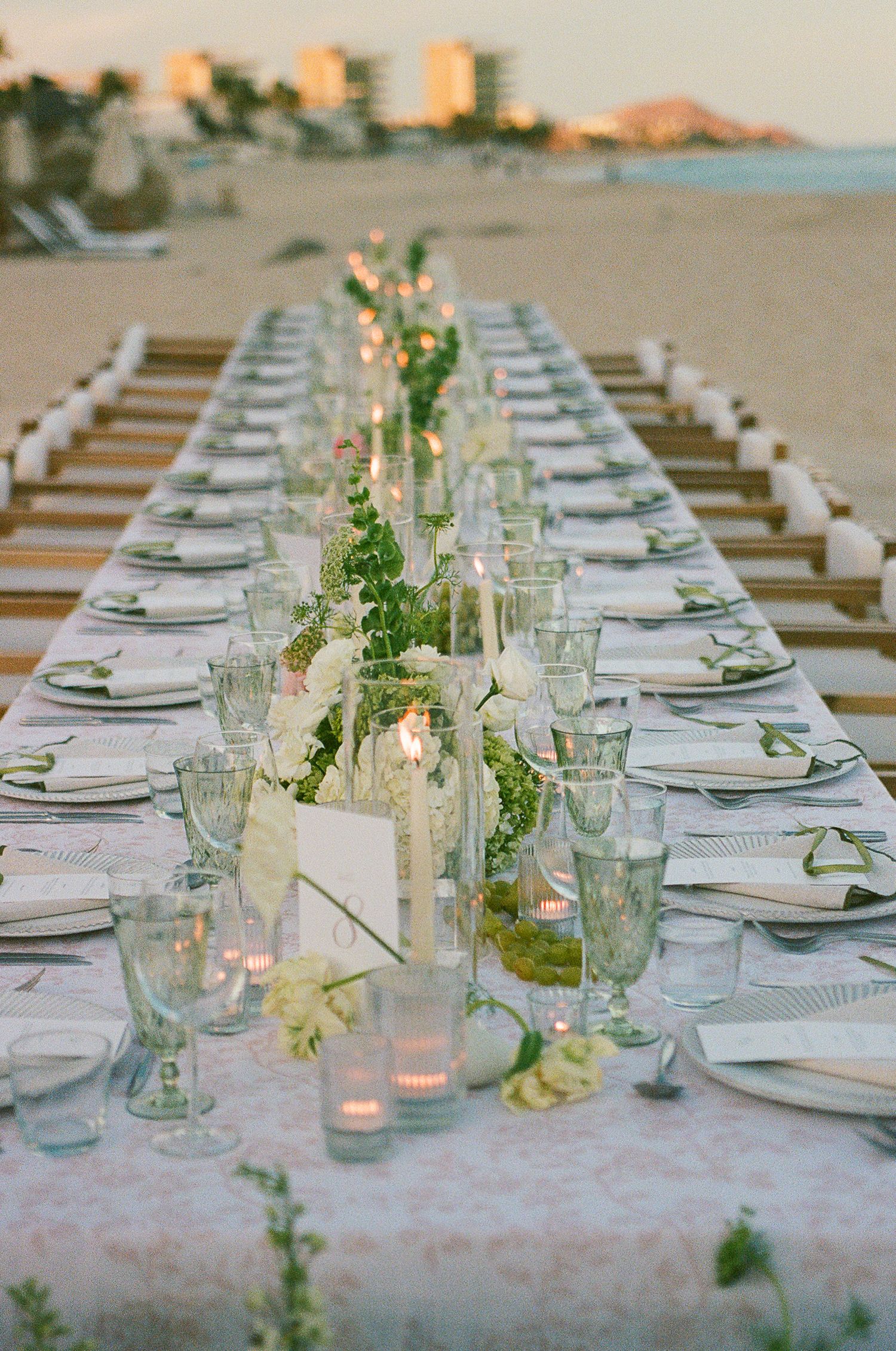 Romantic wedding reception table beachside at Mar del Cabo in San José del Cabo.