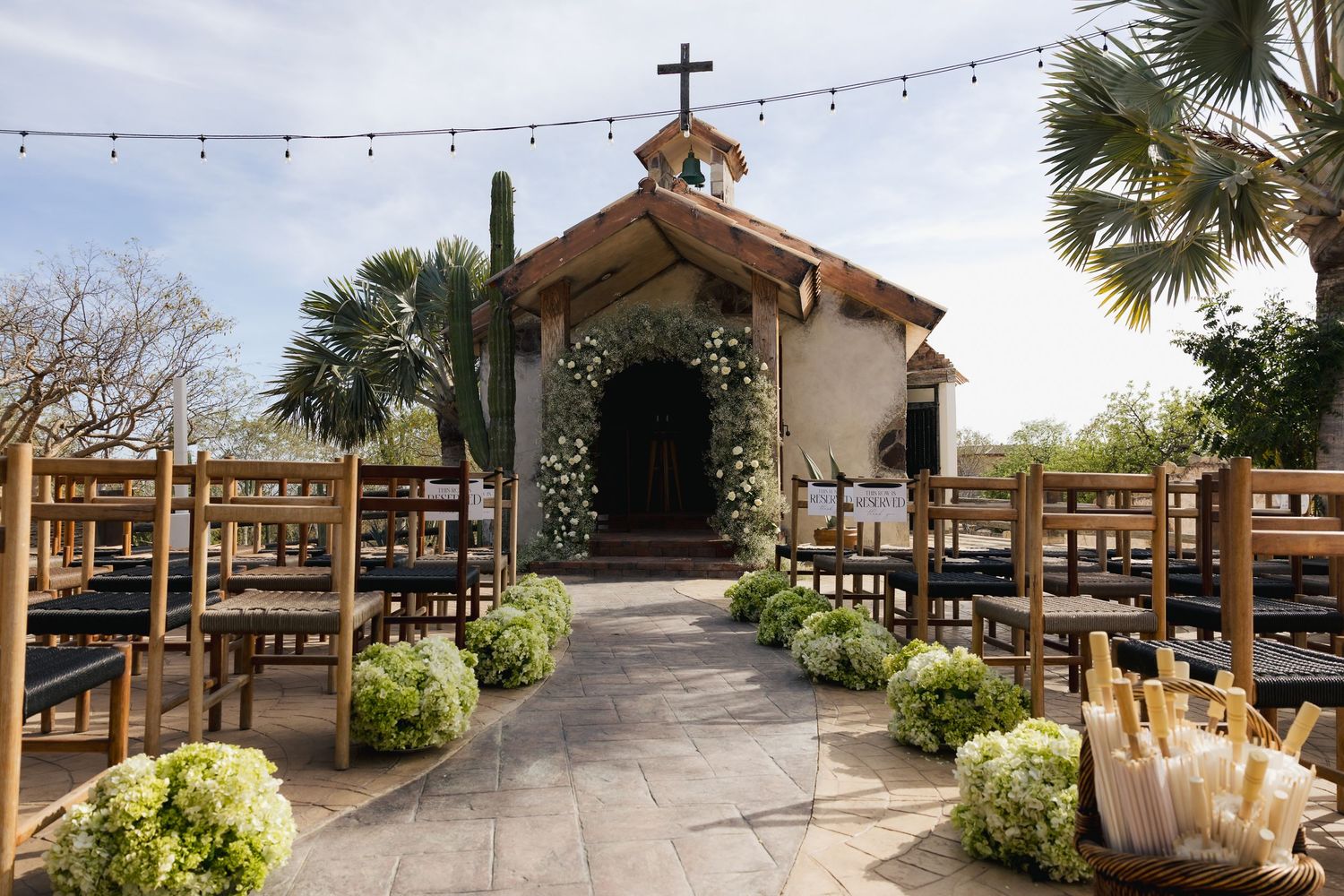 Wedding ceremony decor at church in Cabo San Lucas.
