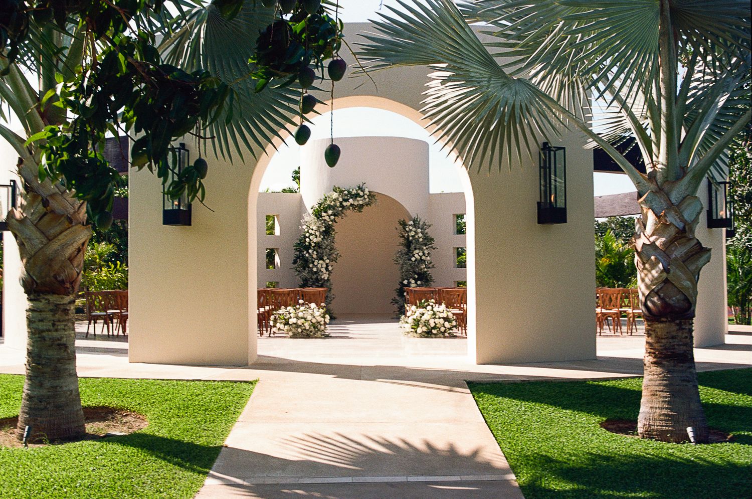Wedding ceremony decor and florals at Baja Luna.