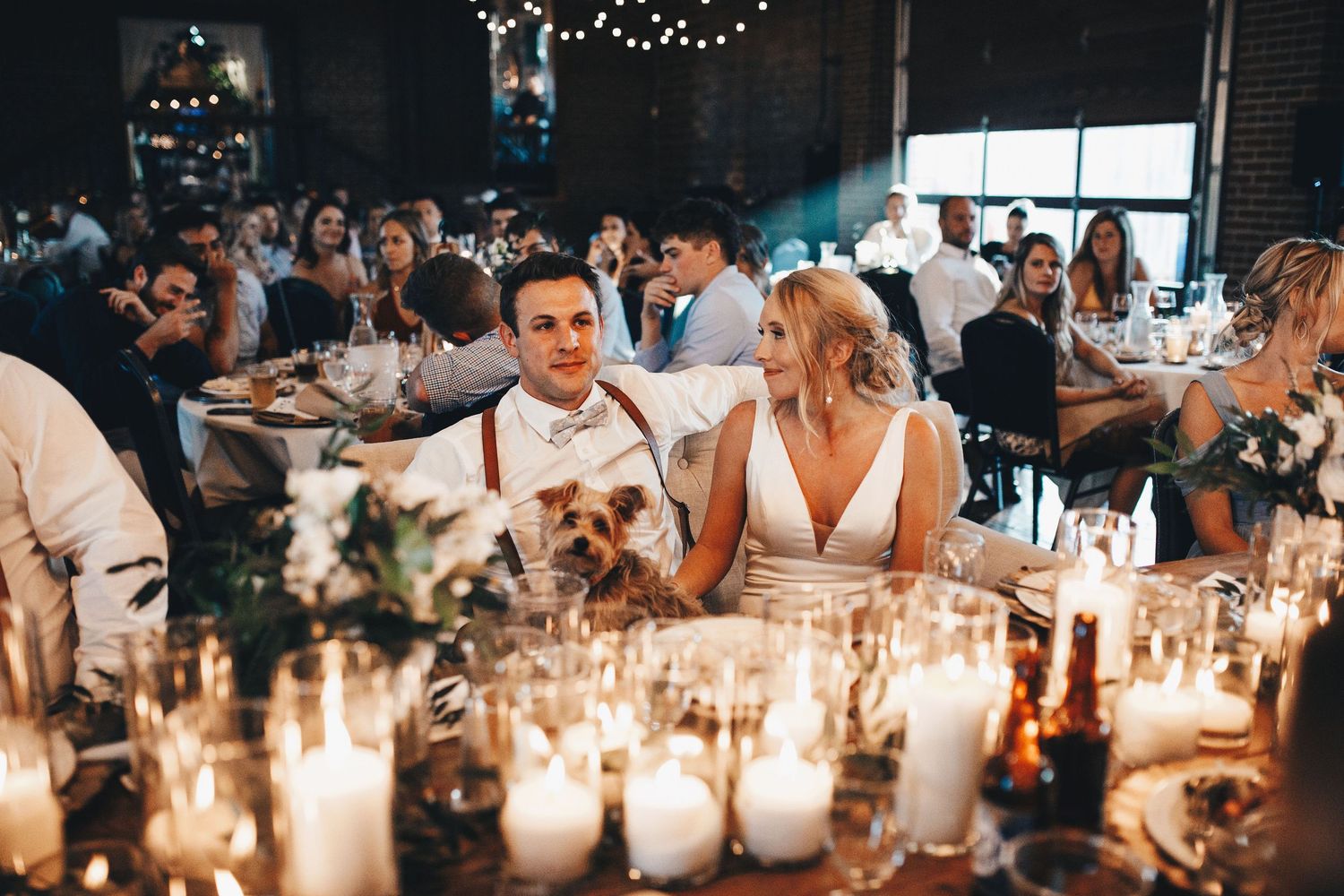 Bride and groom seated at candlelit wedding reception table with small dog, surrounded by guests in elegant venue.