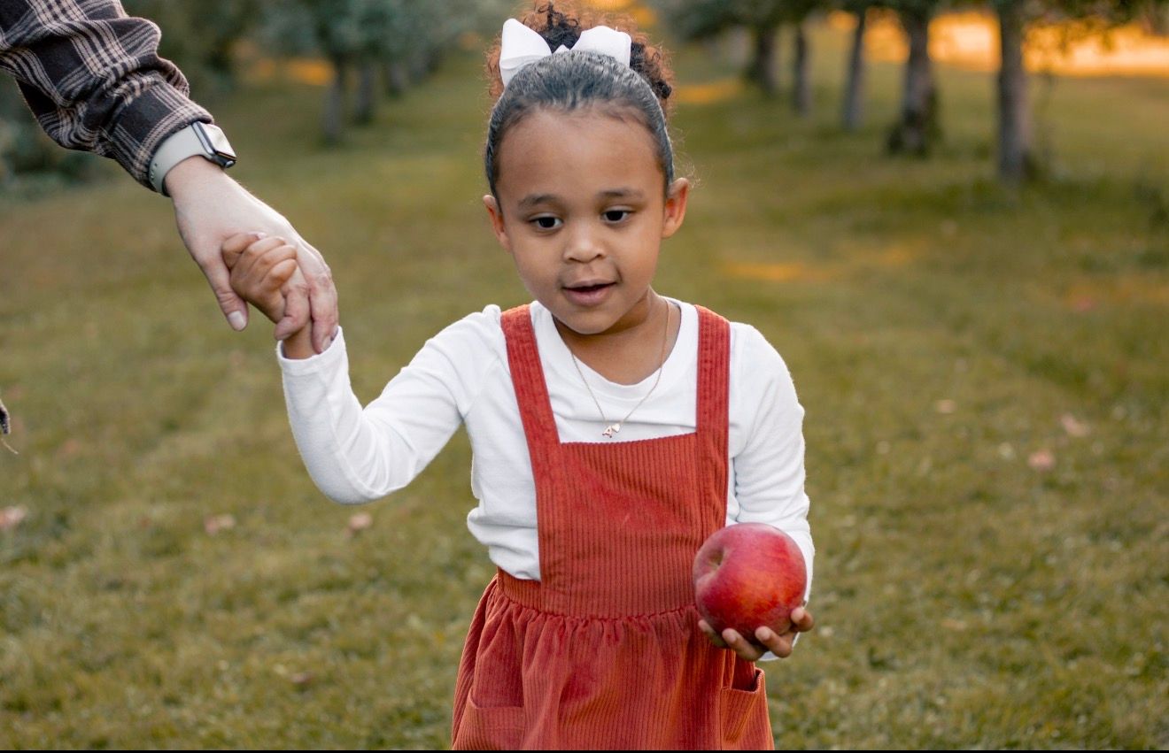 Young girl in red dress holding apple while walking in orchard.