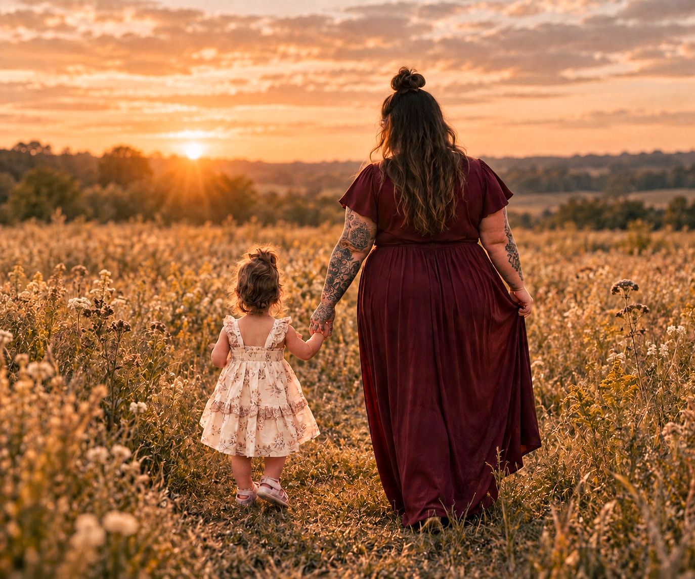 A mother and daughter hold hands walking through a golden wildflower field at sunset in matching dresses.