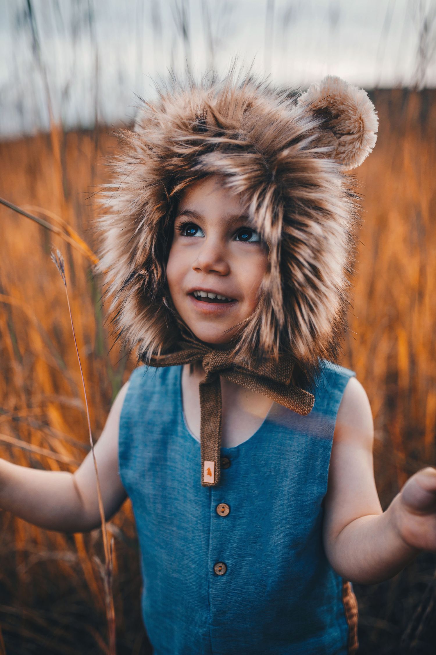 Adorable toddler wearing a fuzzy lion hat standing in a golden autumn field.