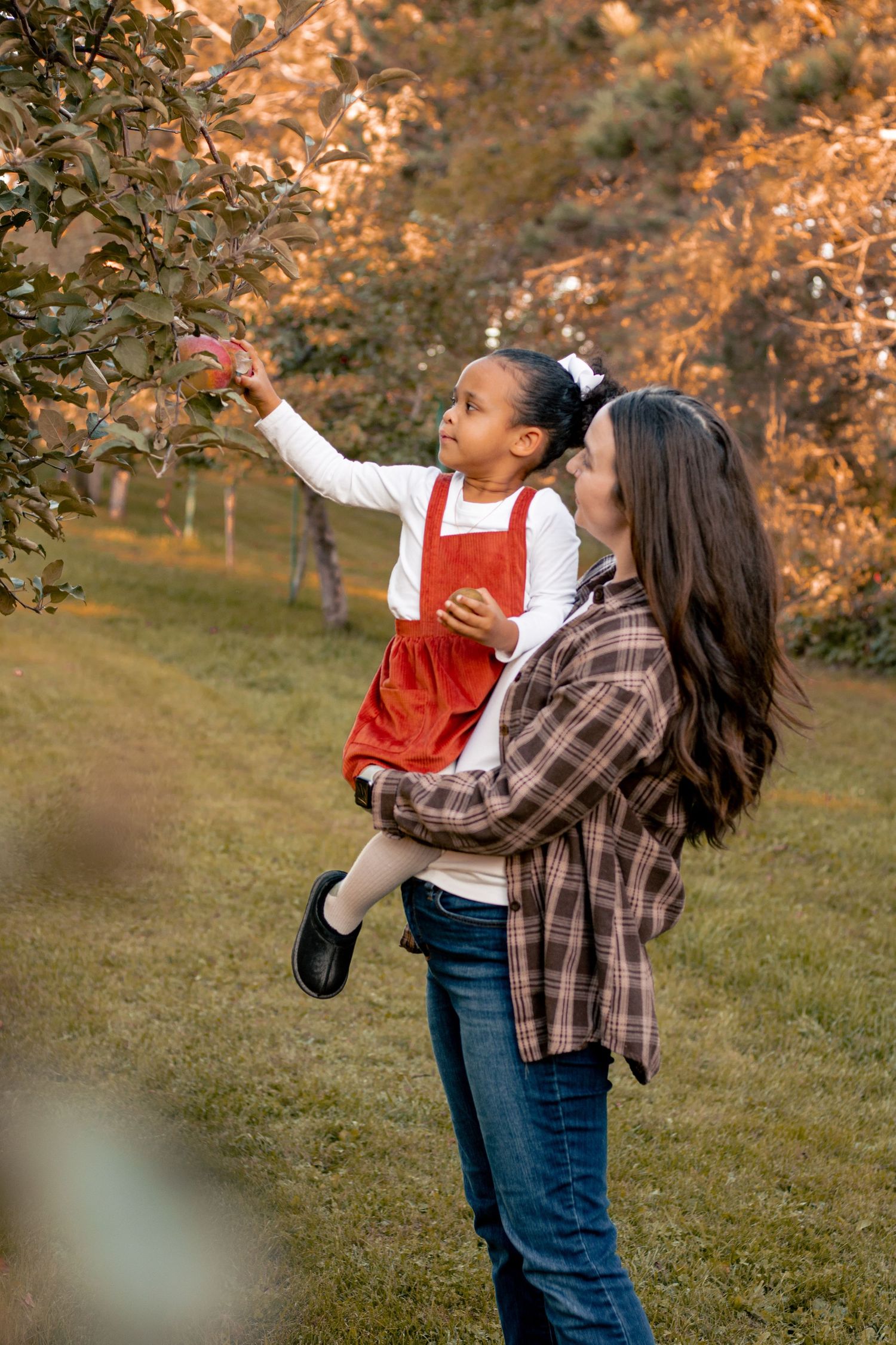 Mother holding daughter reaching for apple in autumn orchard at golden hour.