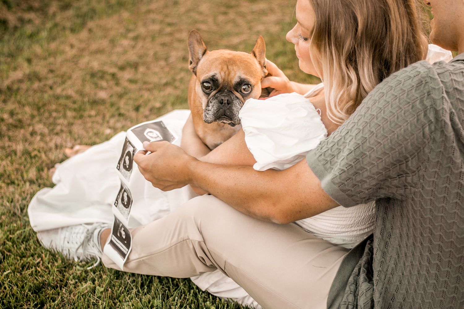 Pregnant woman sitting on grass with her French Bulldog and ultrasound photos.