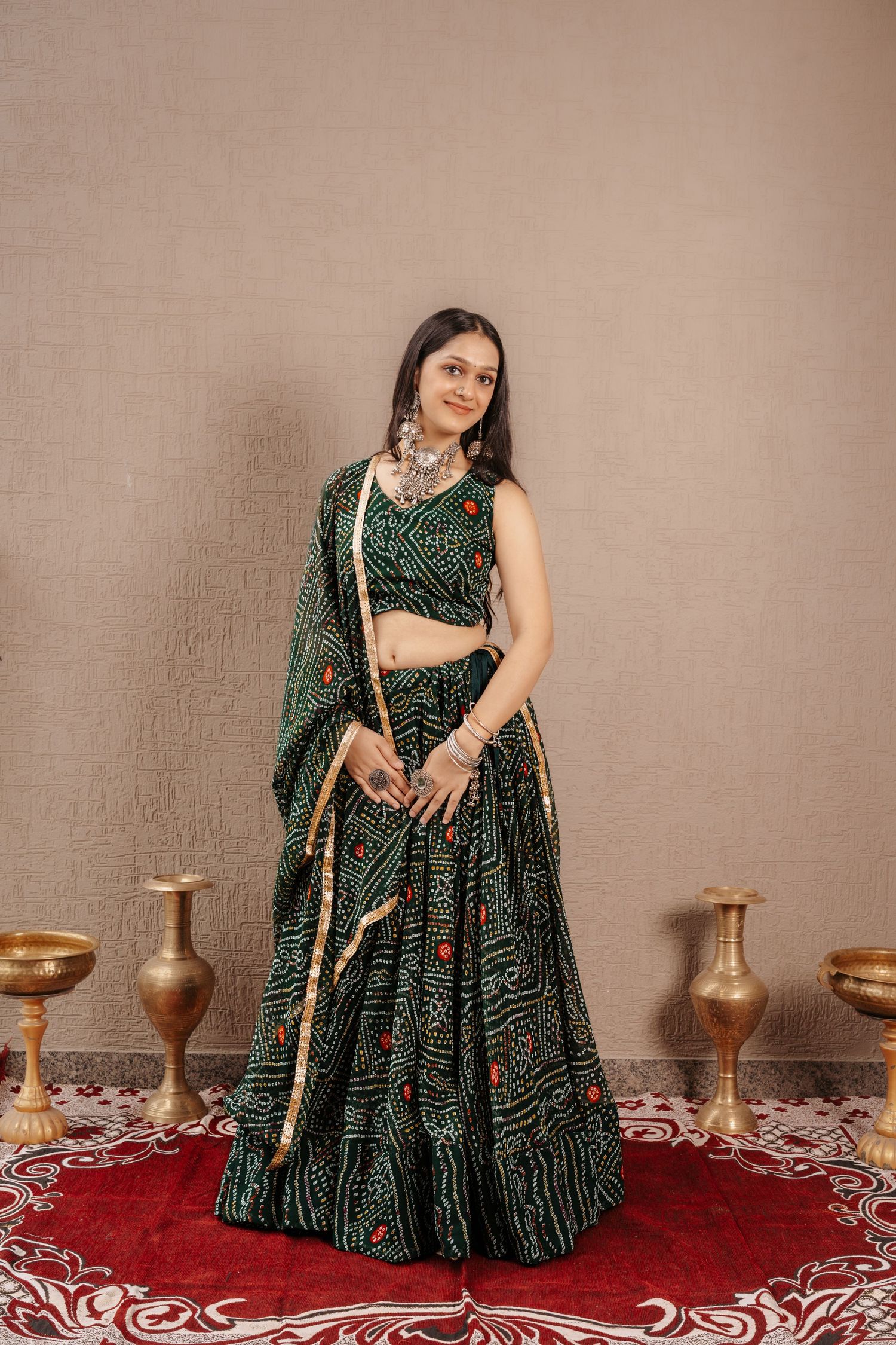 High-end fashion campaign photography highlighting a luxury ethnic Chaniya Choli for a designer clothing brand.