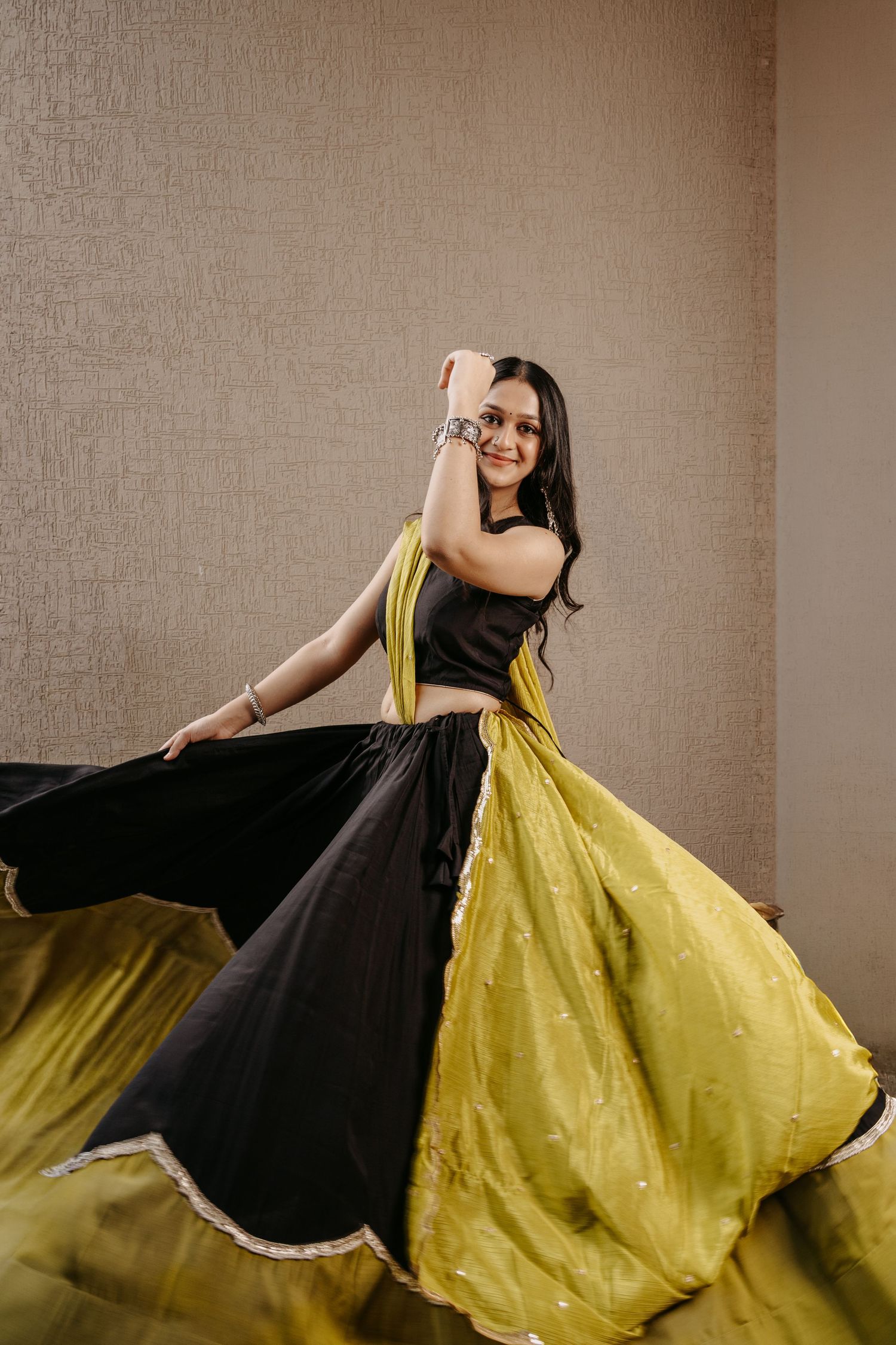 Premium fashion photoshoot featuring a modern designer Chaniya Choli with timeless editorial lighting.