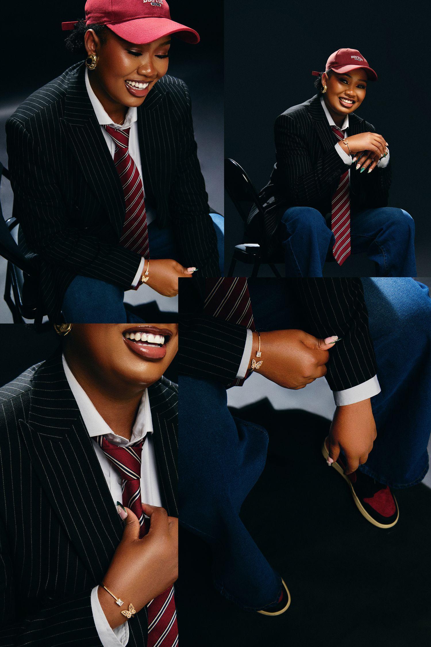 A Black woman smiles in a pinstripe blazer, tie, and burgundy cap in a dark studio collage of poses.