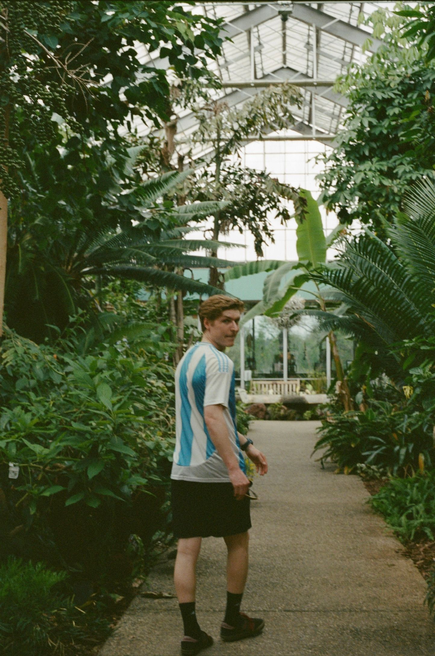 Young man in soccer jersey walks through lush tropical greenhouse botanical garden pathway surrounded by exotic plants.