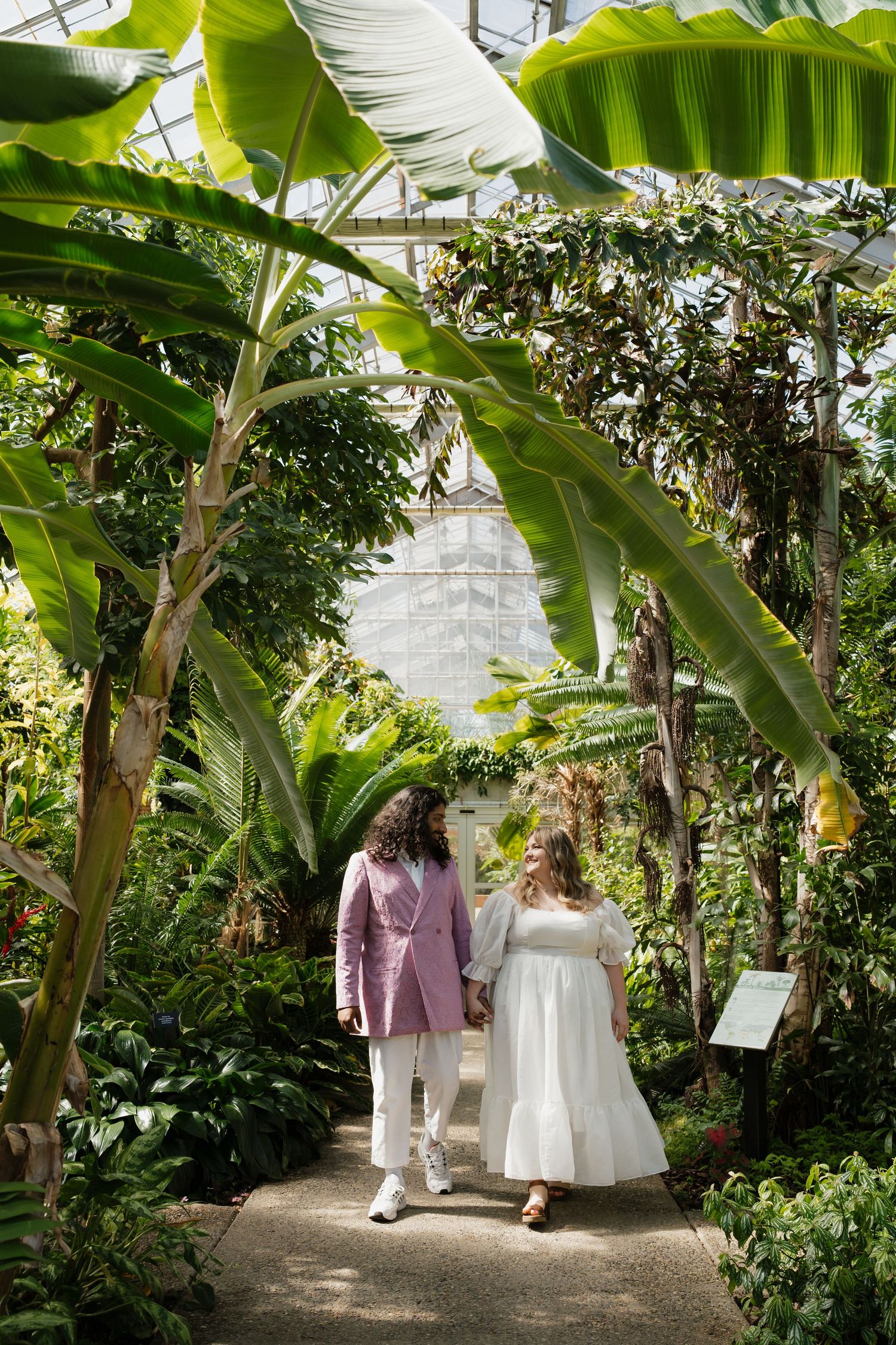 Couple holding hands walking through lush tropical greenhouse garden, woman in white dress and man in pink suit.