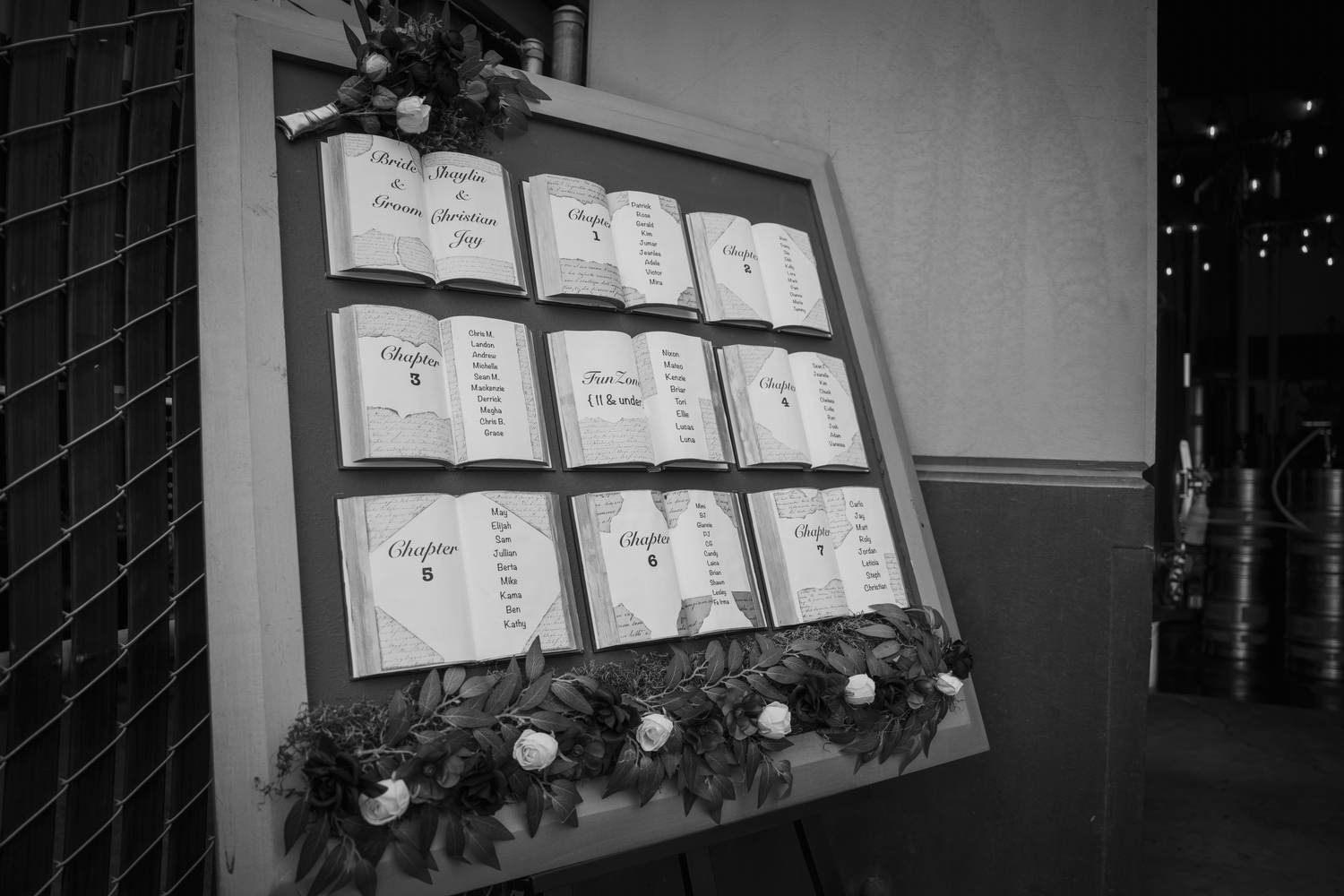 Black and white wedding seating chart displayed on a decorative board with floral accents at a reception venue.