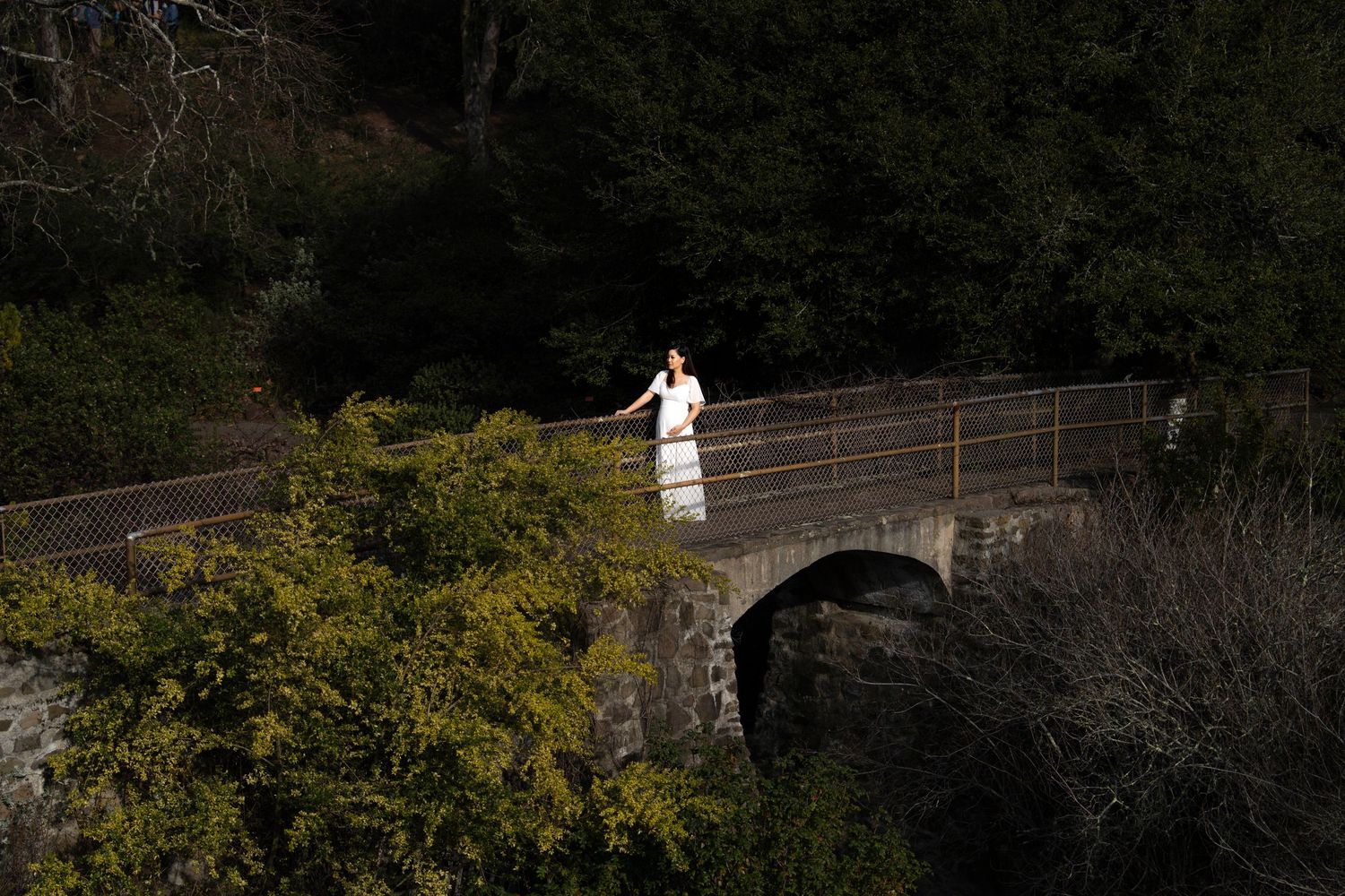 Woman in white dress standing on a stone bridge surrounded by lush green trees and yellow bushes. Cinematic Maternity Photographer.
