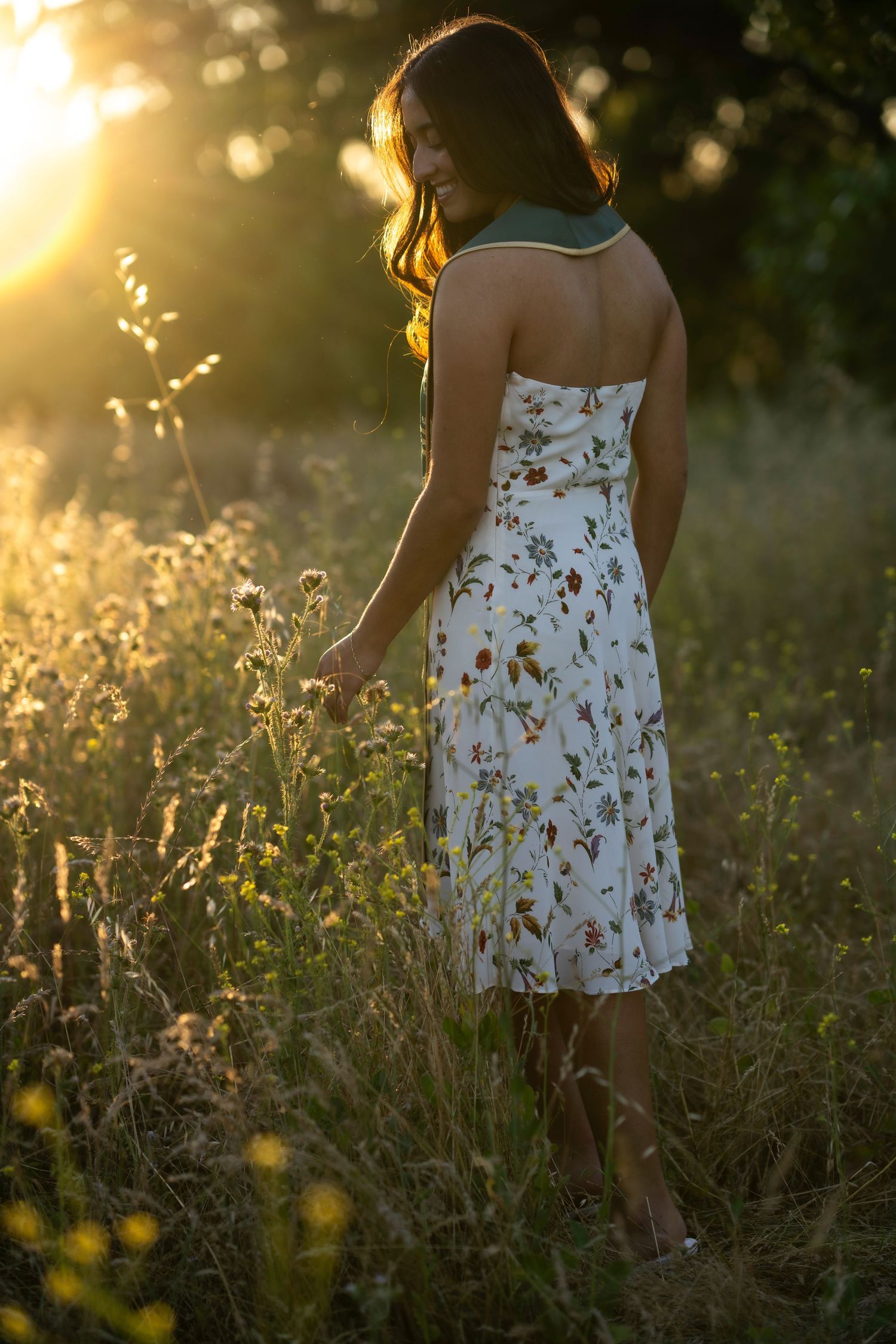 A woman in a floral sundress walks through a golden sunlit meadow at sunset touching wildflowers in Brentwood, CA..