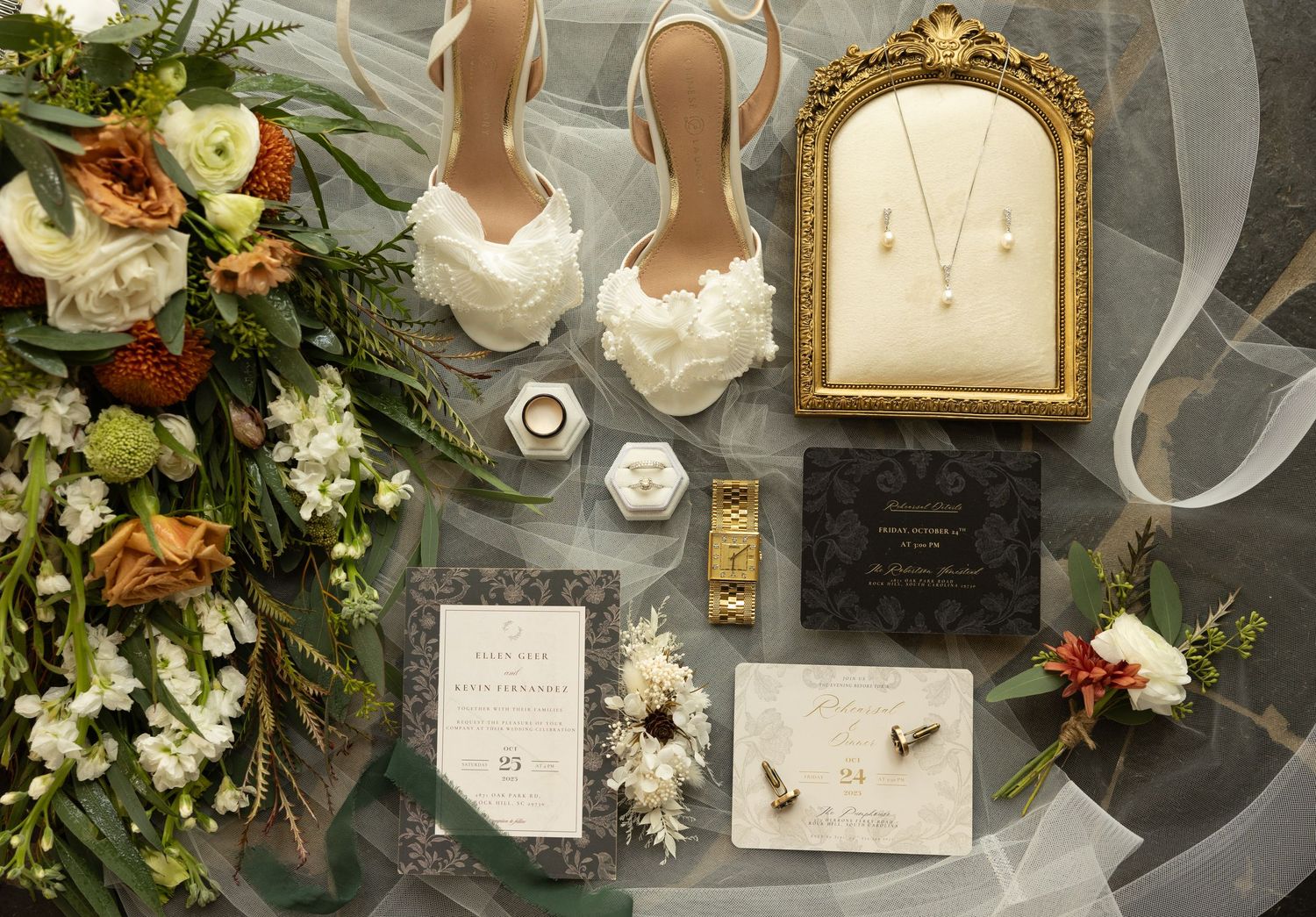 Flat Lay of wedding details taken by Rock Hill Wedding Photographer
