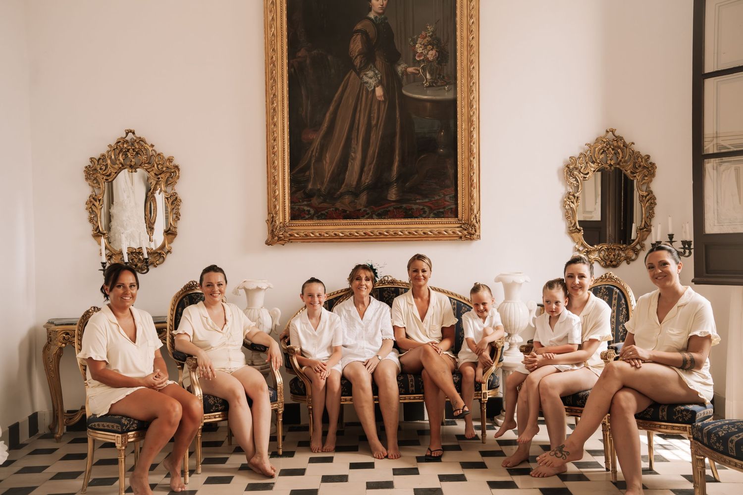 Bridal party celebrating at a destination wedding at Marques de Montemolar in Altea, Alicante, Spain.