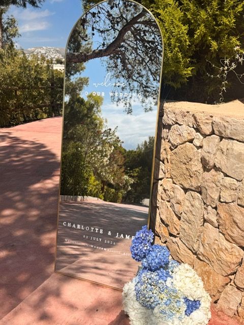 Elegant mirror wedding stationary and floral styling at a Mediterranean destination wedding in Spain