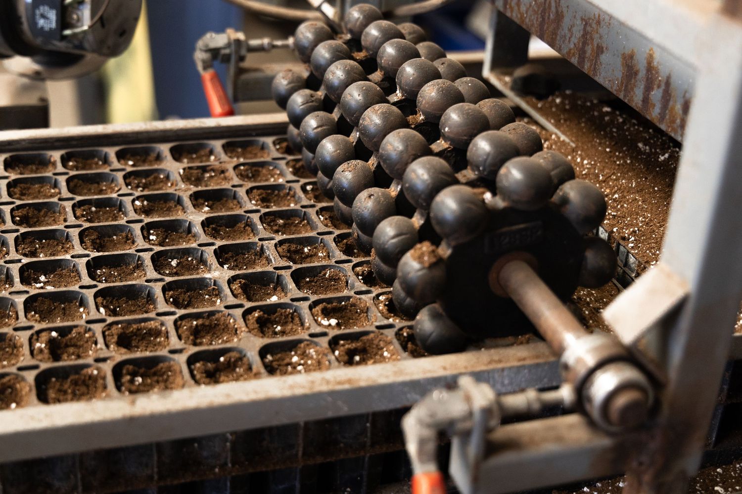 Close-up of an industrial machine with a metal tray of molded cavities and rows of dark round pieces on a mechanical press.