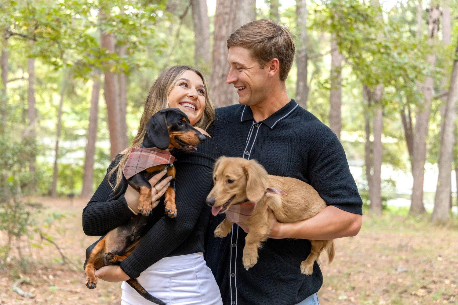 Smiling couple in black outfits holds two dachshund puppies while standing among trees in a sunlit woodland setting.