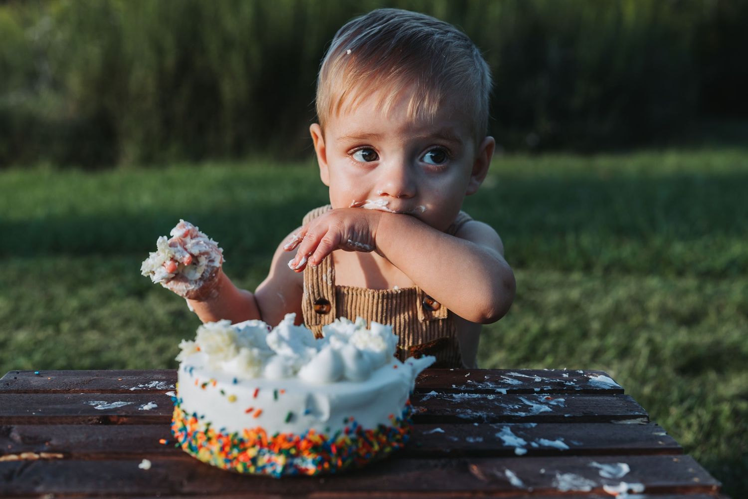 Toddler smashing a white birthday cake with colorful sprinkles outdoors on a wooden table.