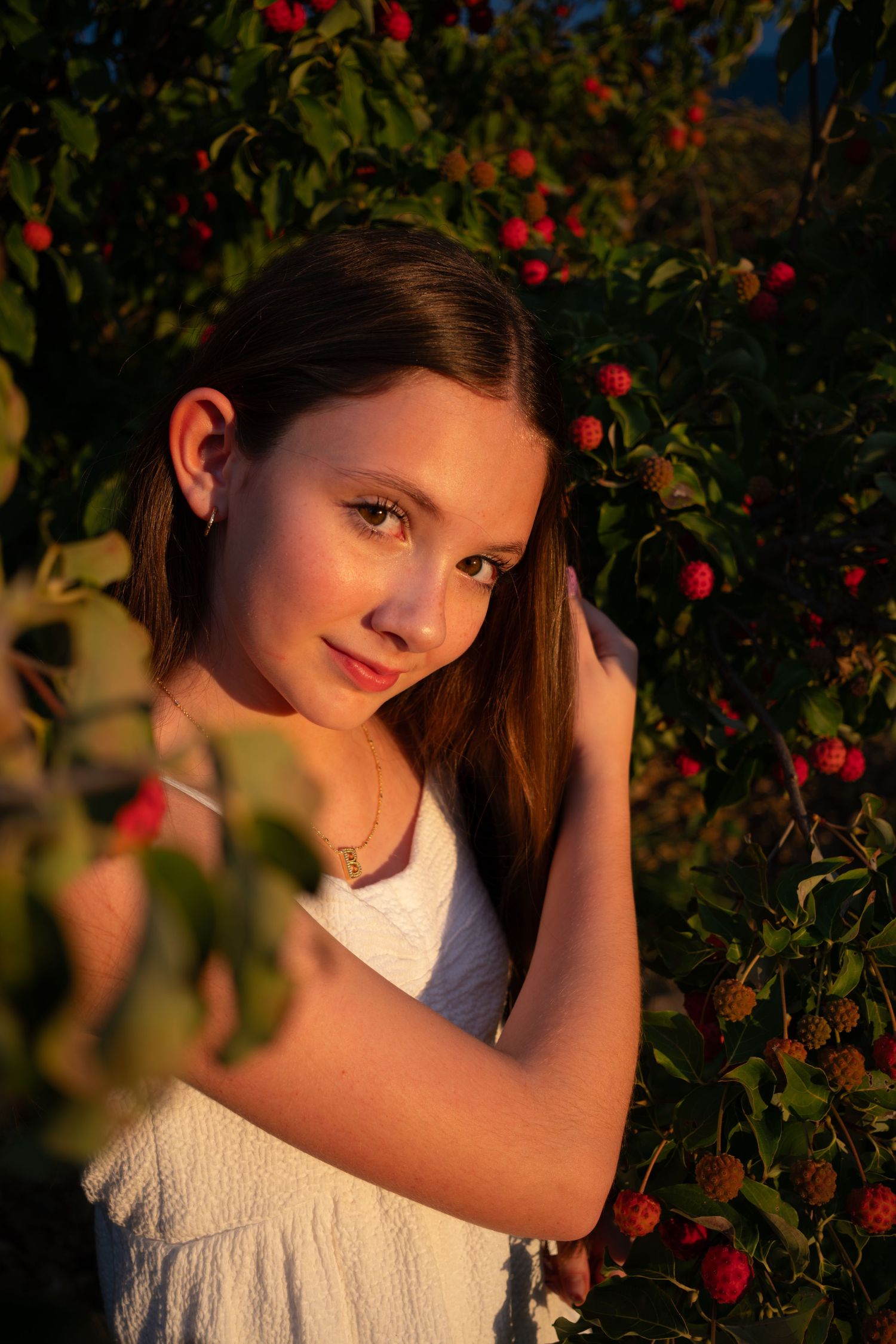 A young girl in a white dress poses among red berry bushes in warm golden sunset light.