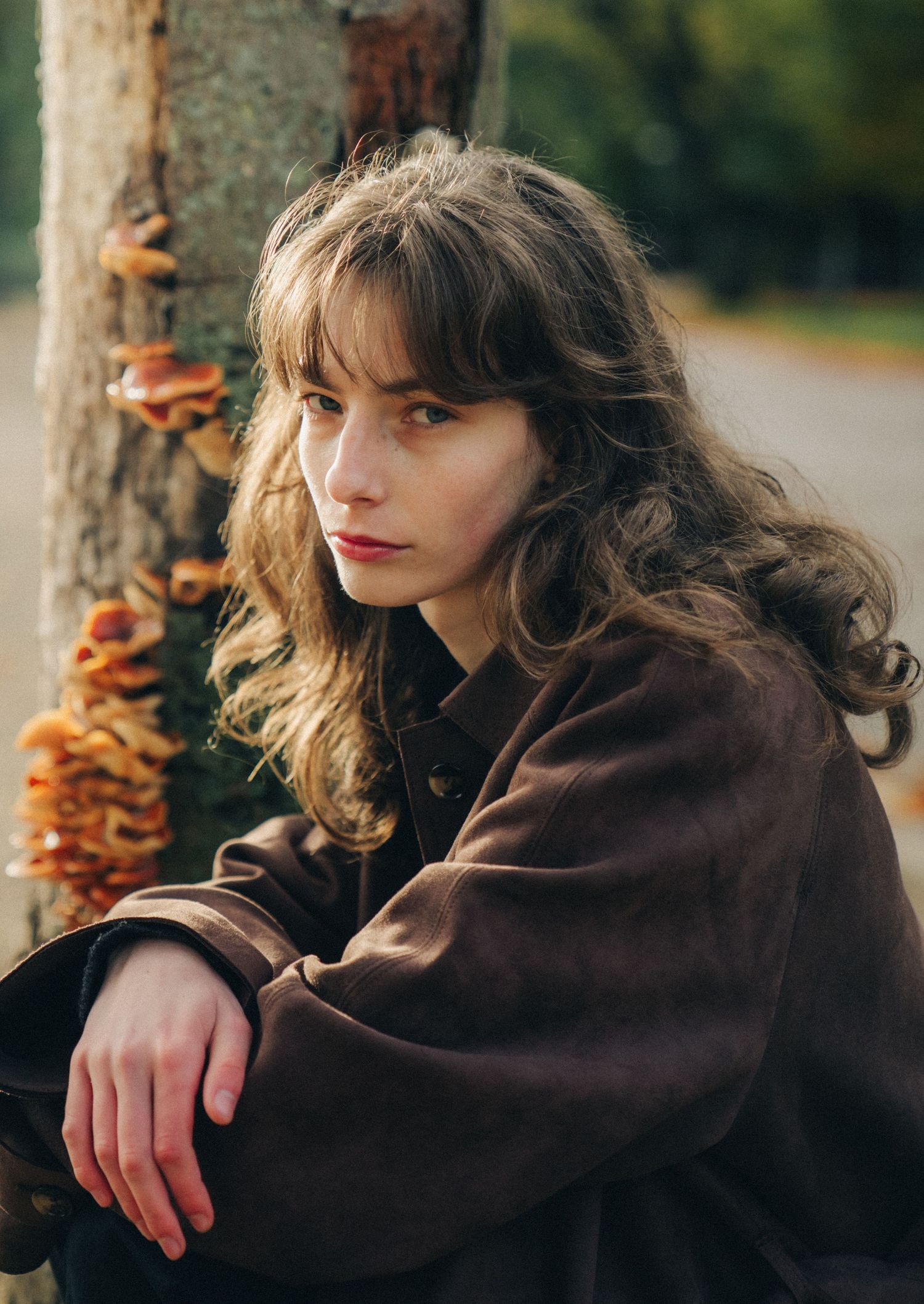 A series of four photos showing someone in a brown coat sitting near a tree with autumn mushrooms growing on it.