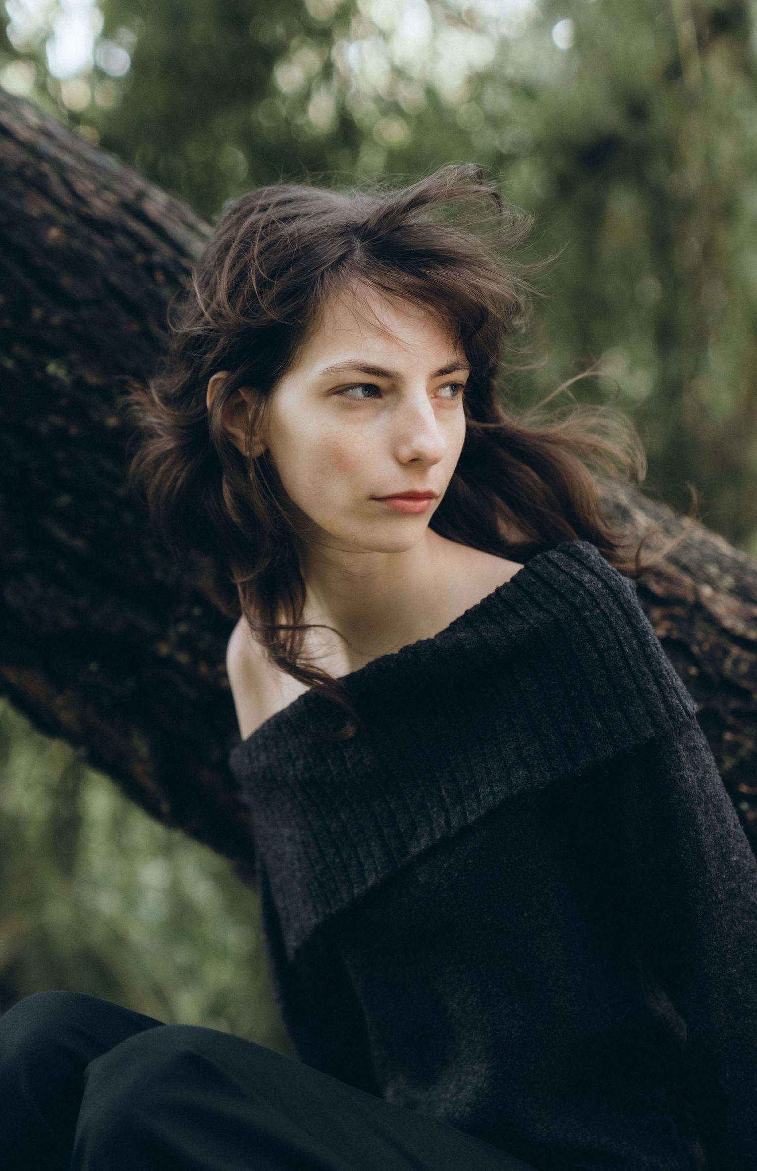 Artistic portrait series showing someone in a black turtleneck sweater against a moody forest backdrop.