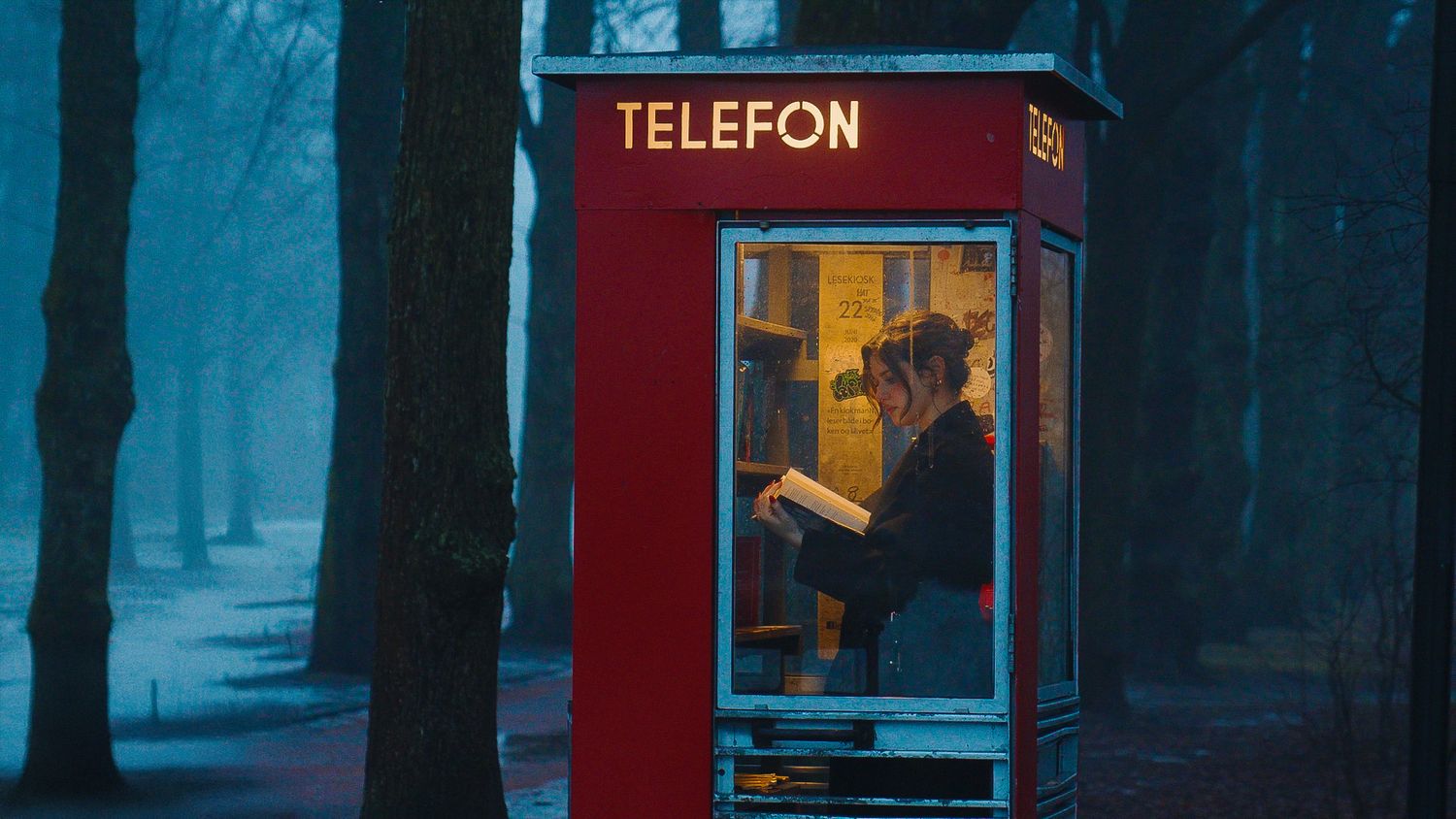 A silhouetted figure stands inside a red telephone booth at night in a misty forest setting.