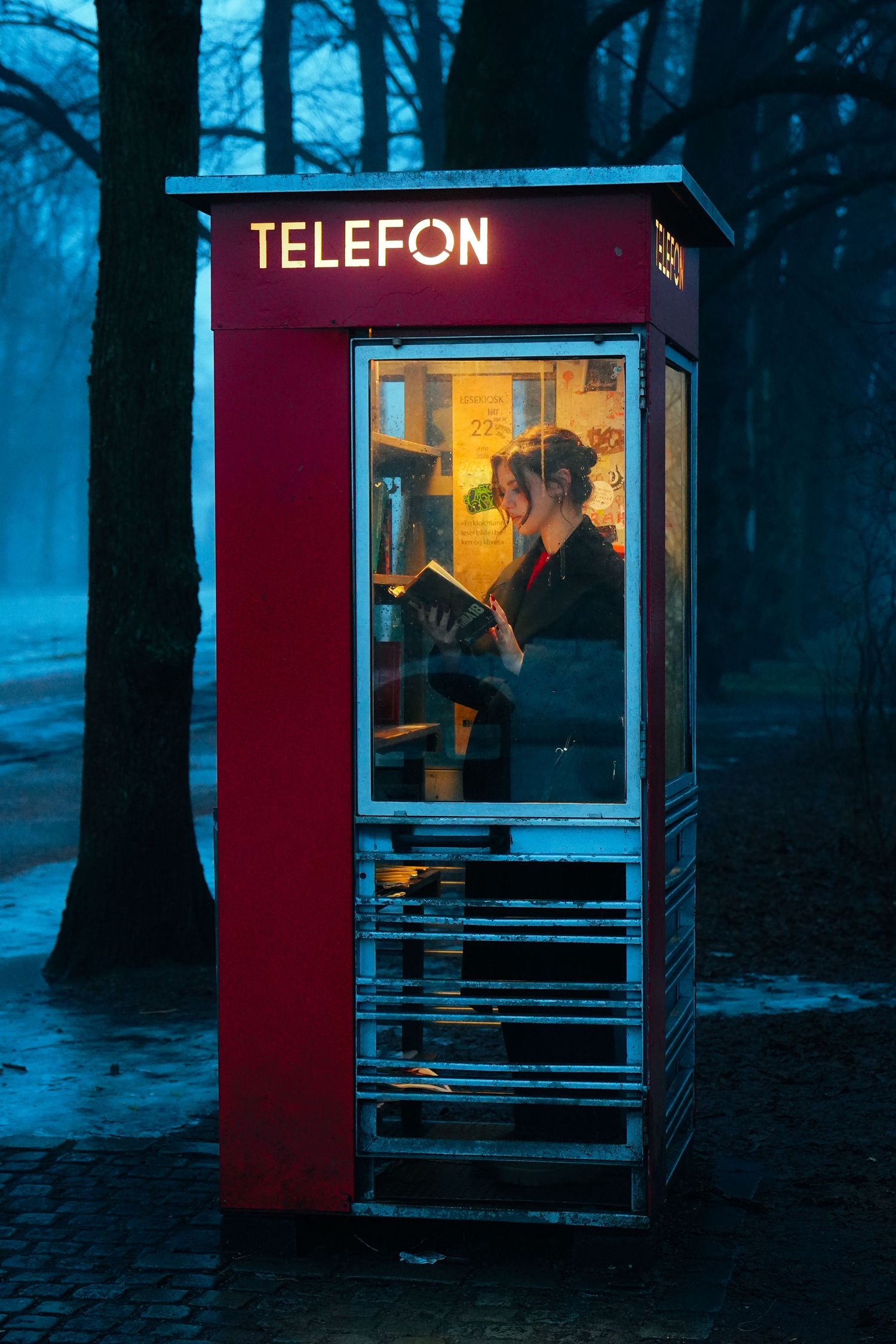 A glowing red telephone booth illuminated at dusk casts warm light in a dark blue forest setting.