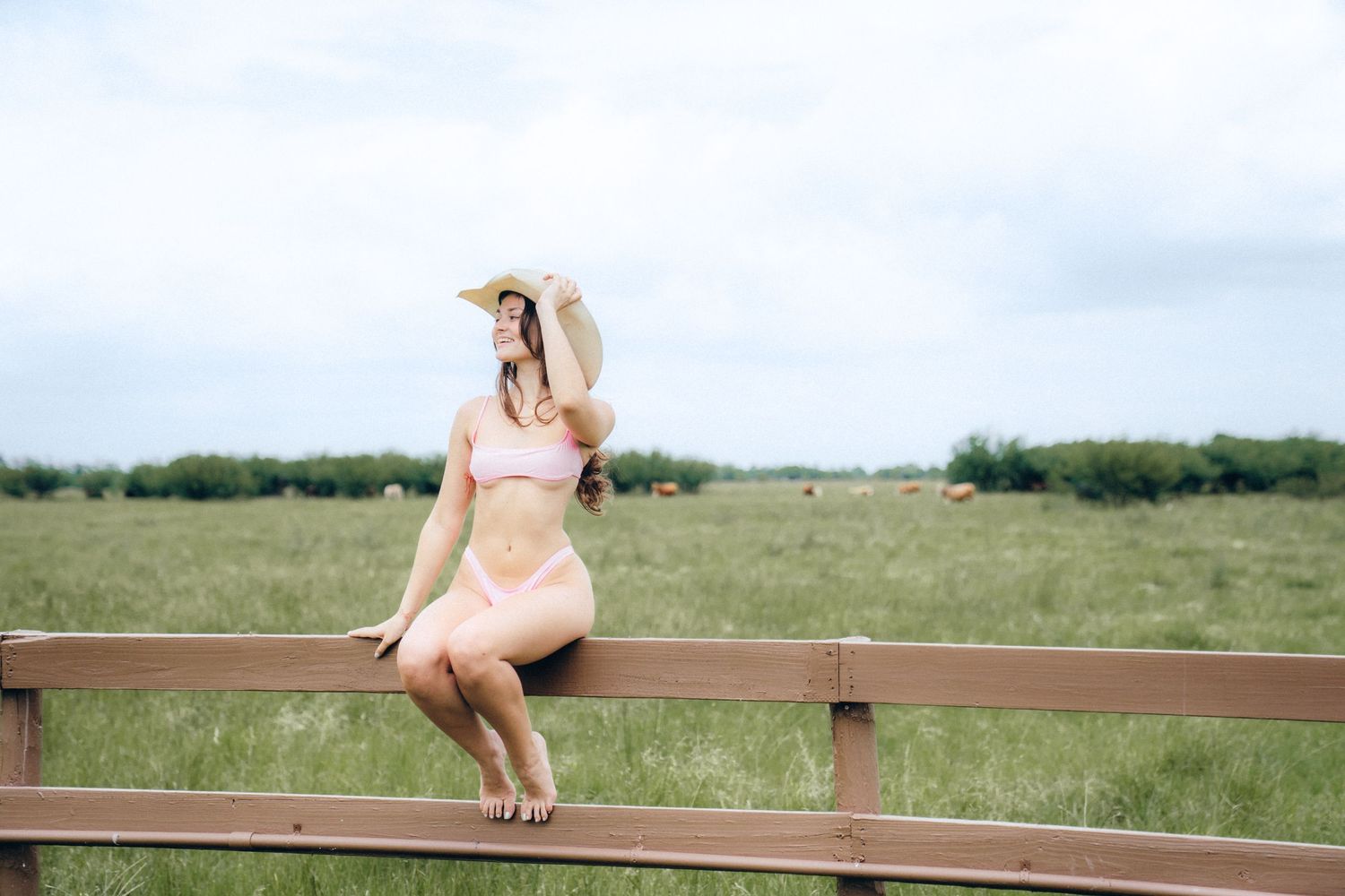 Woman in pink bikini sitting on wooden fence in rural field on cloudy summer day.