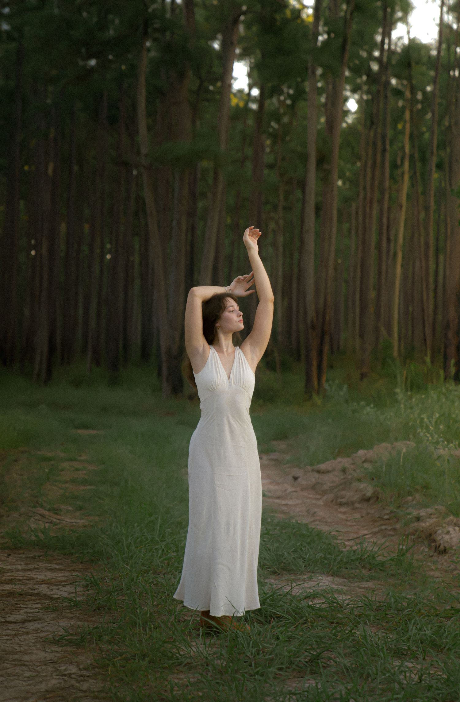 Graceful dance-like pose in a white dress among towering pine trees at sunset.