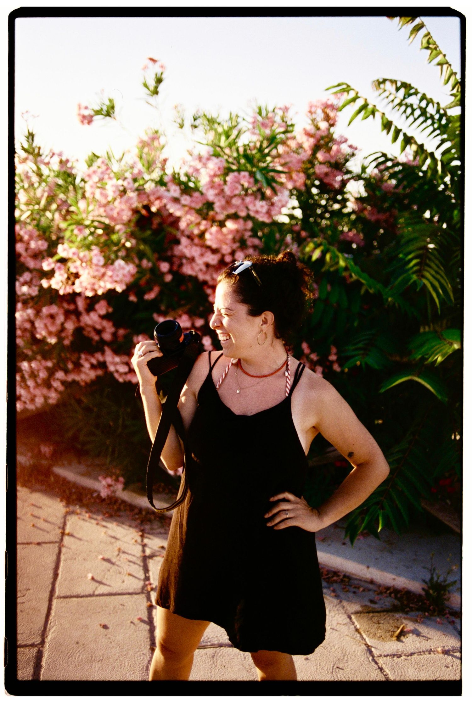 Two people laughing against pink flowering bushes in summer sunlight.