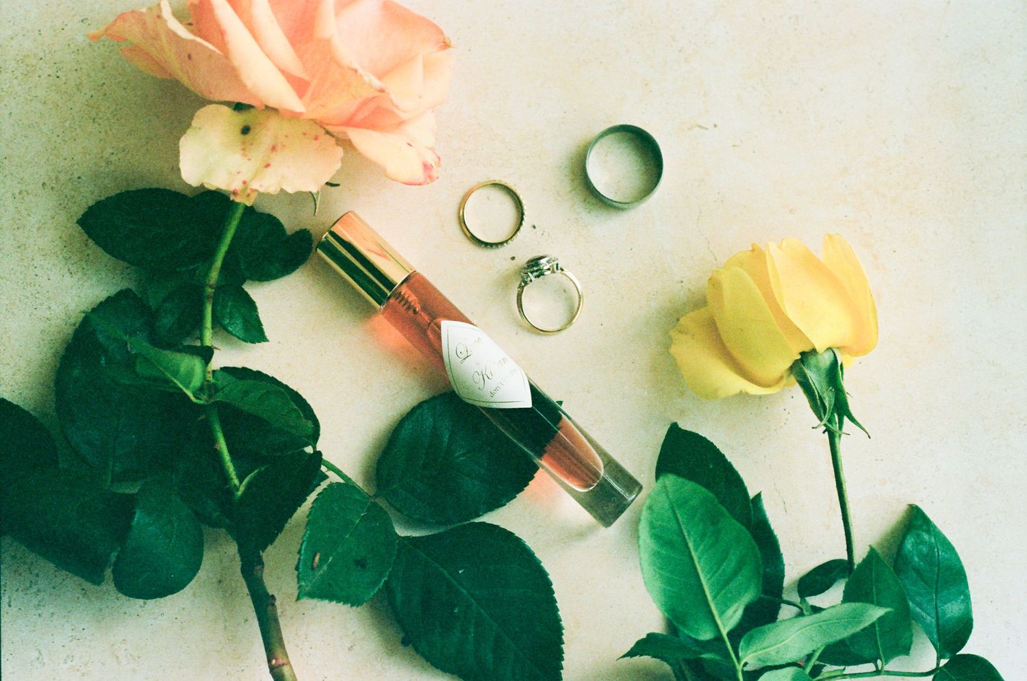 Close-up of pink and yellow roses with three wedding rings arranged on a light surface.