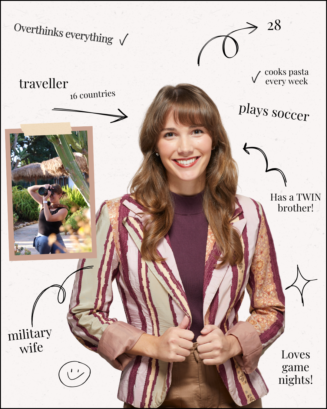 A collage-style personal facts image showing someone wearing a burgundy vest and striped blazer with handwritten notes and annotations.