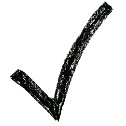 Rough black checkmark symbol hand drawn with marker or charcoal on white background.
