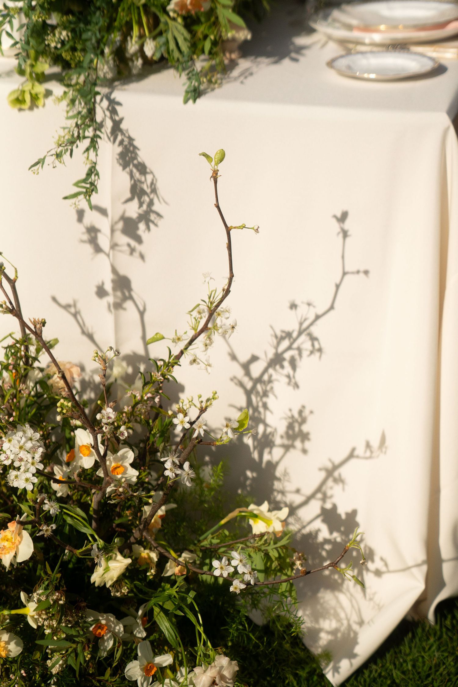Floral arrangement with white roses casts delicate shadows on a light tablecloth at an outdoor event setting.