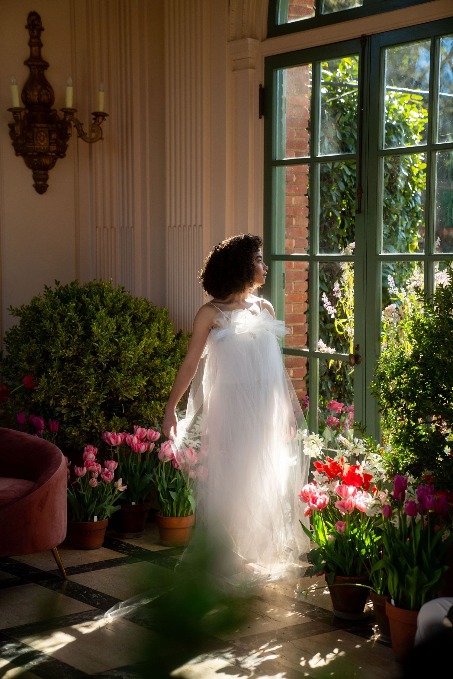 A bright sunlit indoor conservatory with potted tulips and greenery creating a peaceful garden atmosphere.