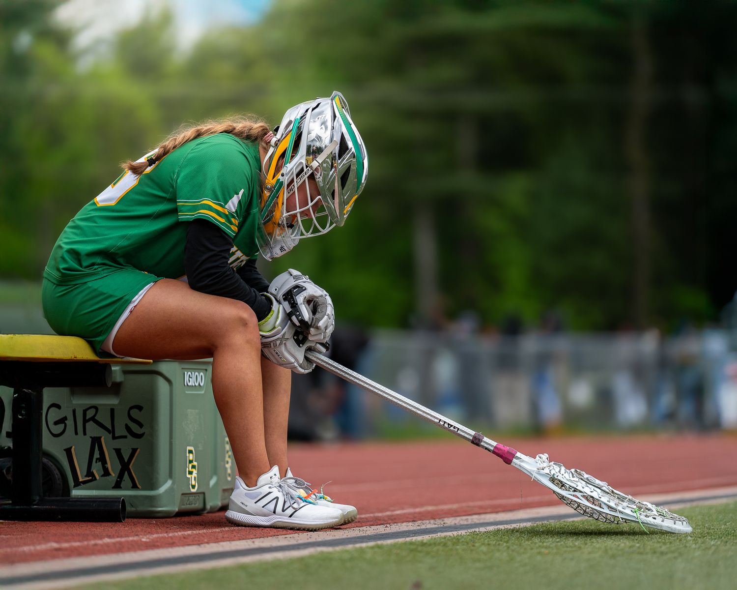 Fv3 sports photography Bishop Guertin girls lacrosse goaltender quiet moment before New Hampshire NHIAA regular season game