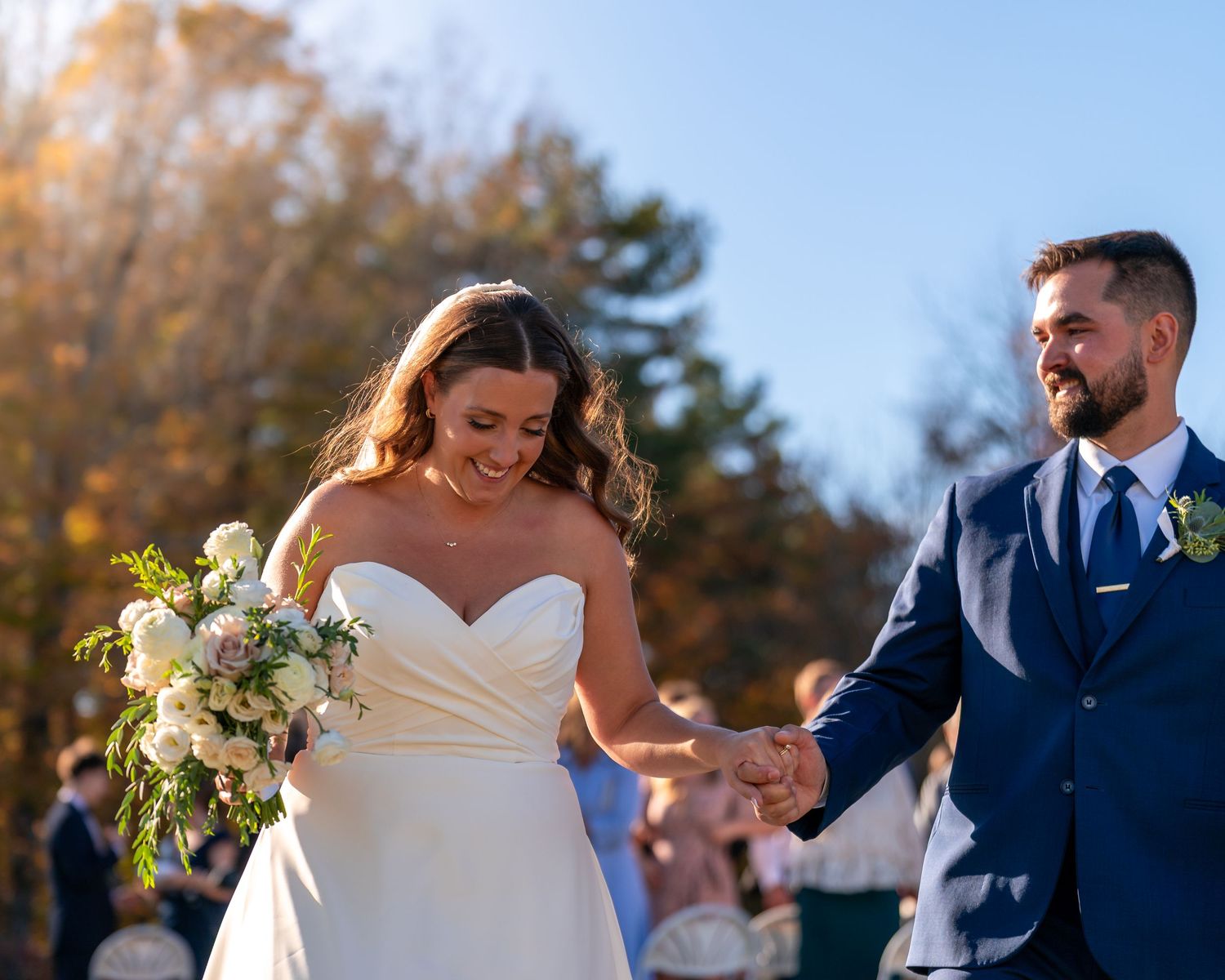 Photography bride and groom share intimate moment at sunrise after an elegant New England barn wedding ceremony celebration in New Hampshire