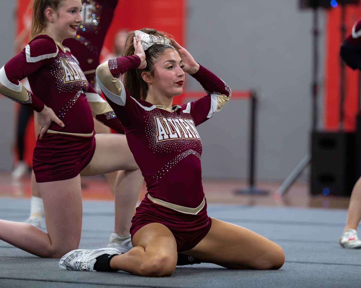 Fv3 Media Athlete Ambassador Abby Labonte - Cheerleader Captain for Alvirne High School cheering as a base at a NHIAA spirit competition